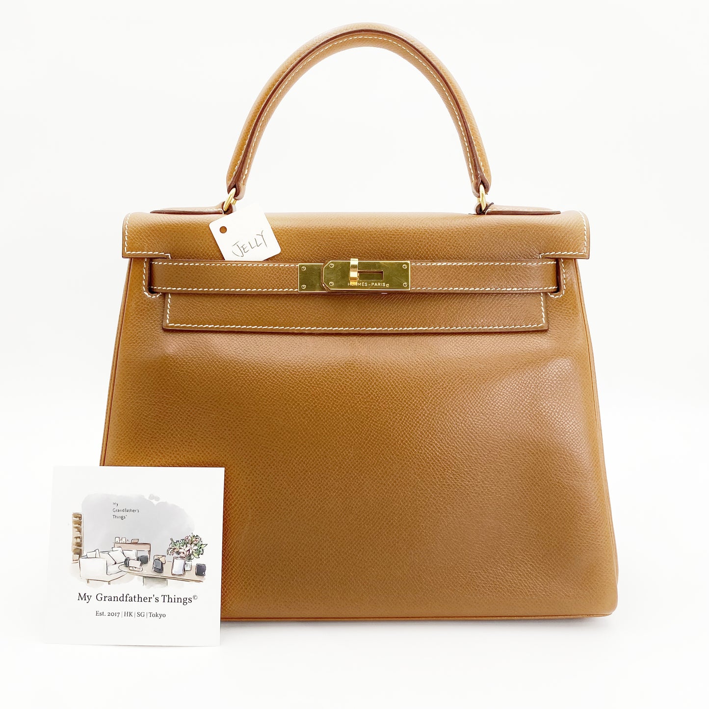 Jelly, Vintage Authentic Hermes ⭕U 1991 kelly 28 retourne gold courchevel leather with strap, chain, clochette, and key