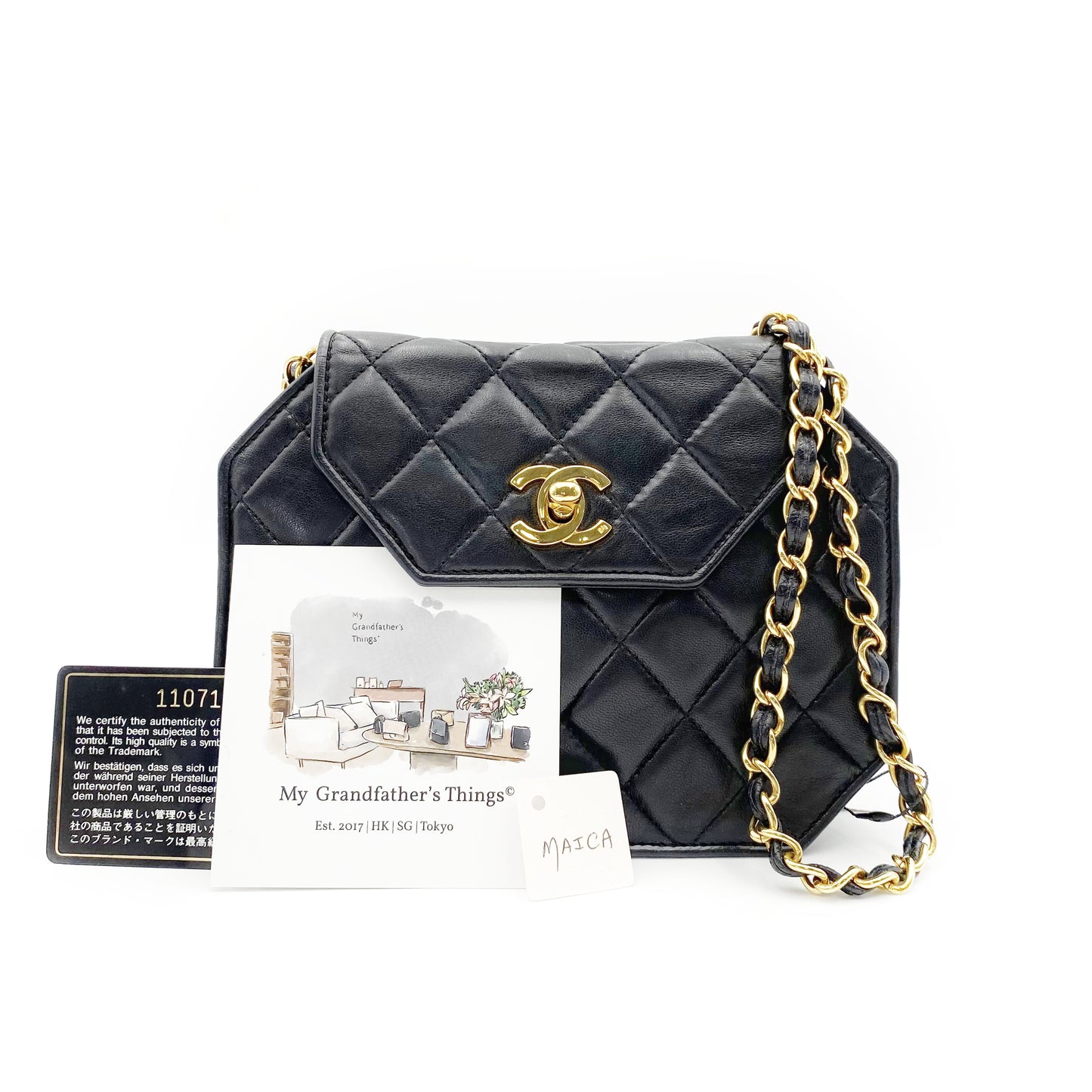 Maica, Vintage Authentic Chanel 1 series chain black lambskin octagon with seal and card