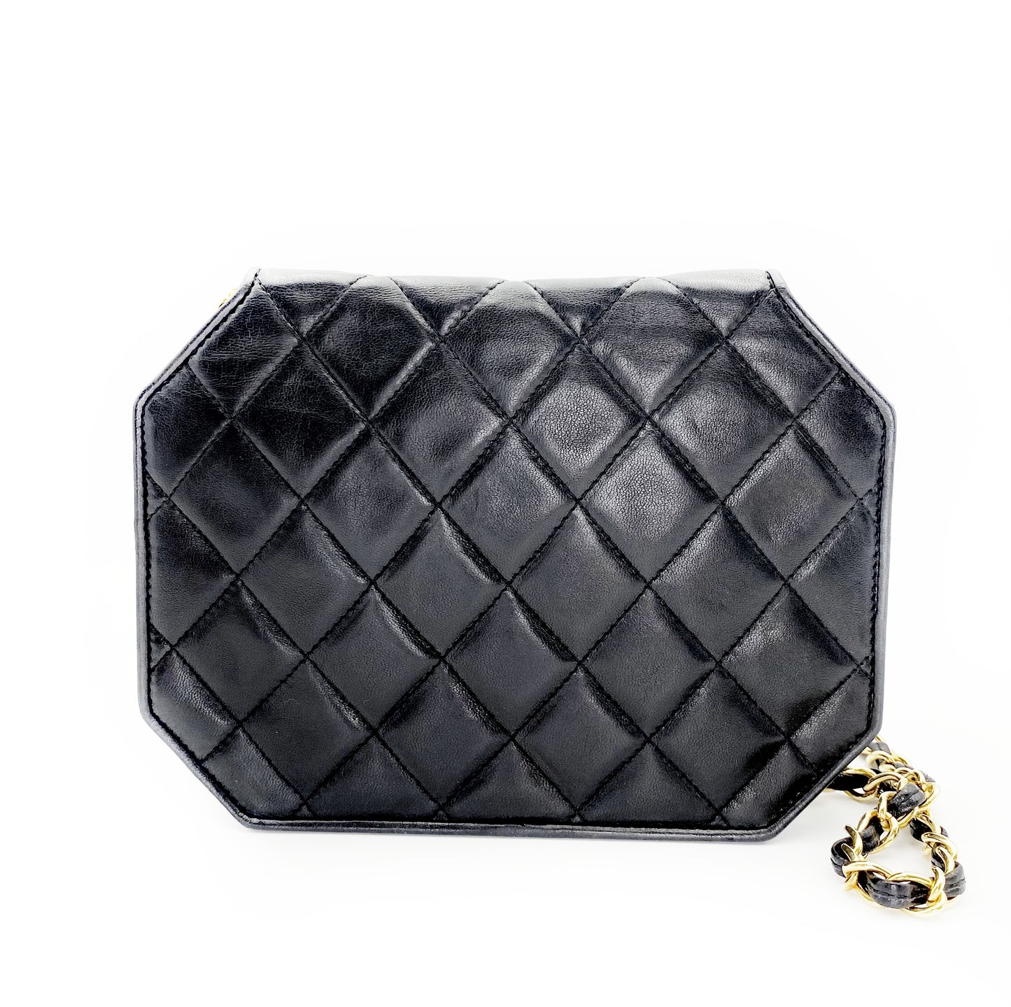 Maica, Vintage Authentic Chanel 1 series chain black lambskin octagon with seal and card
