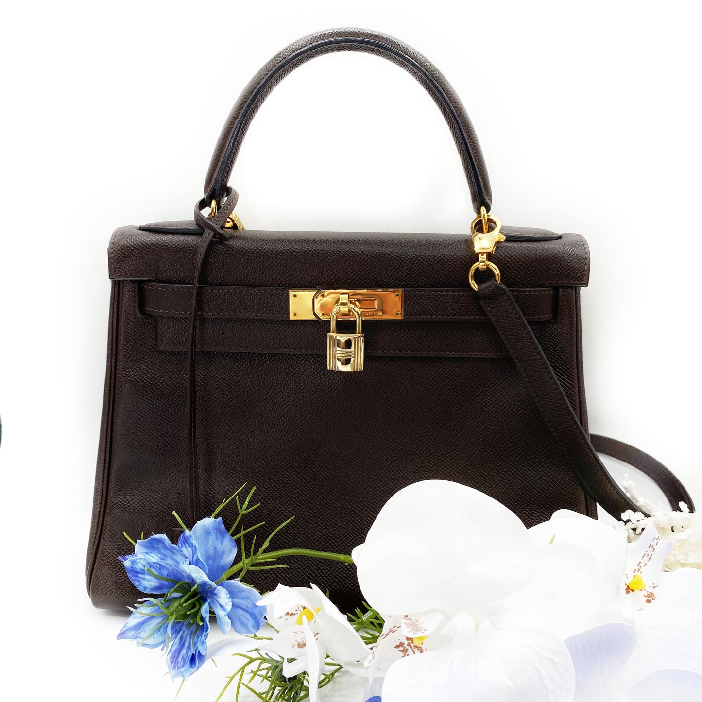 Akito, Vintage Authentic Hermes ⭕W 1993 kelly 28 retourne havane courchevel leather GHW