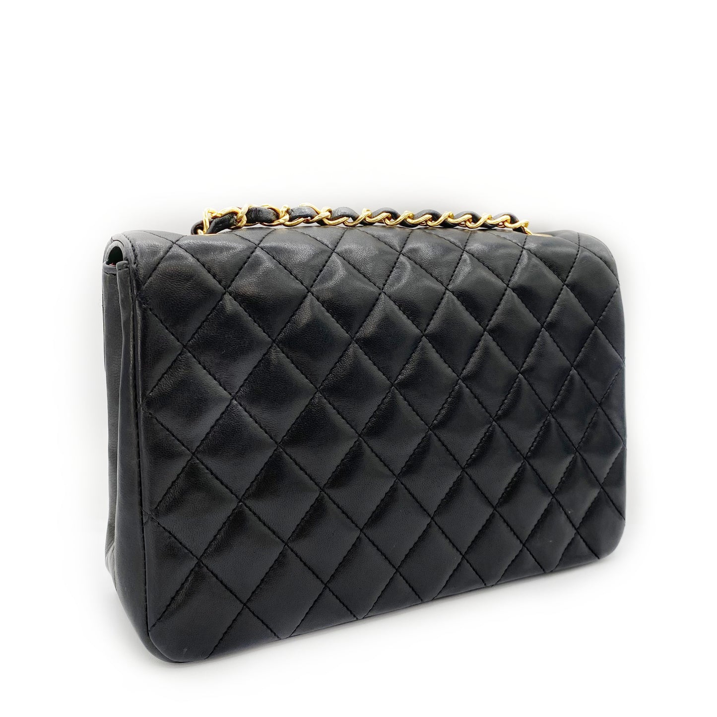 Julio, Vintage Authentic Chanel 1 series matelasse half moon chain black lambskin with seal and card