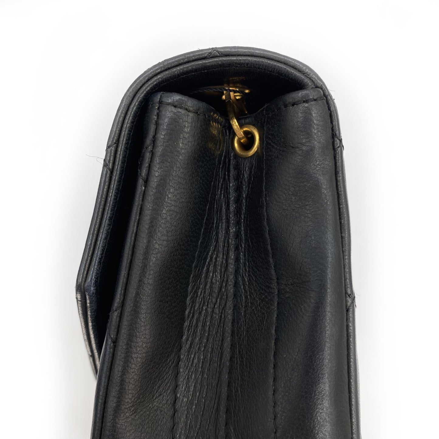 Julio, Vintage Authentic Chanel 1 series matelasse half moon chain black lambskin with seal and card