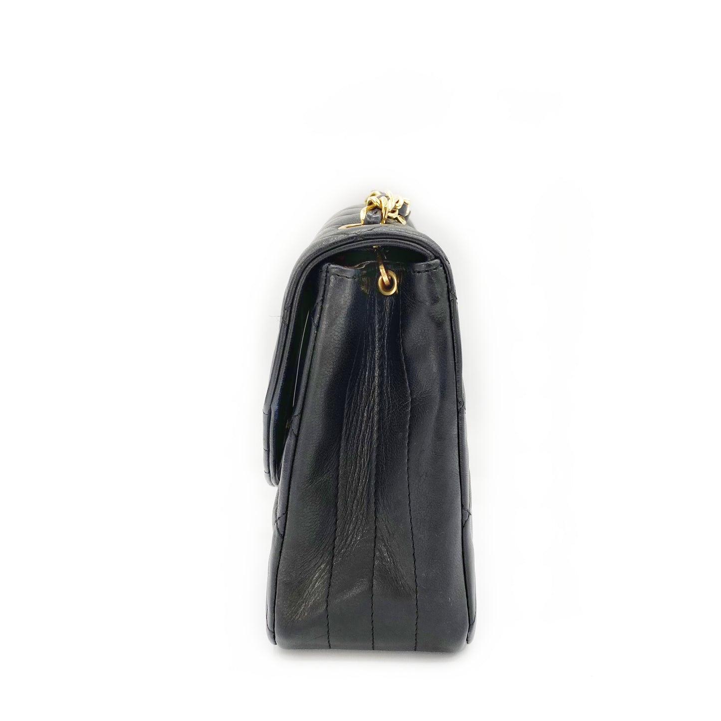 Julio, Vintage Authentic Chanel 1 series matelasse half moon chain black lambskin with seal and card