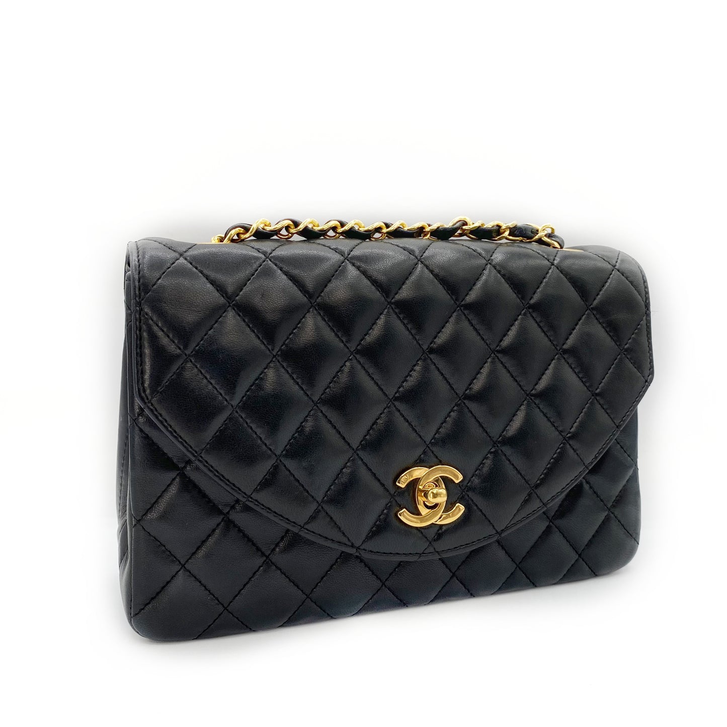 Julio, Vintage Authentic Chanel 1 series matelasse half moon chain black lambskin with seal and card
