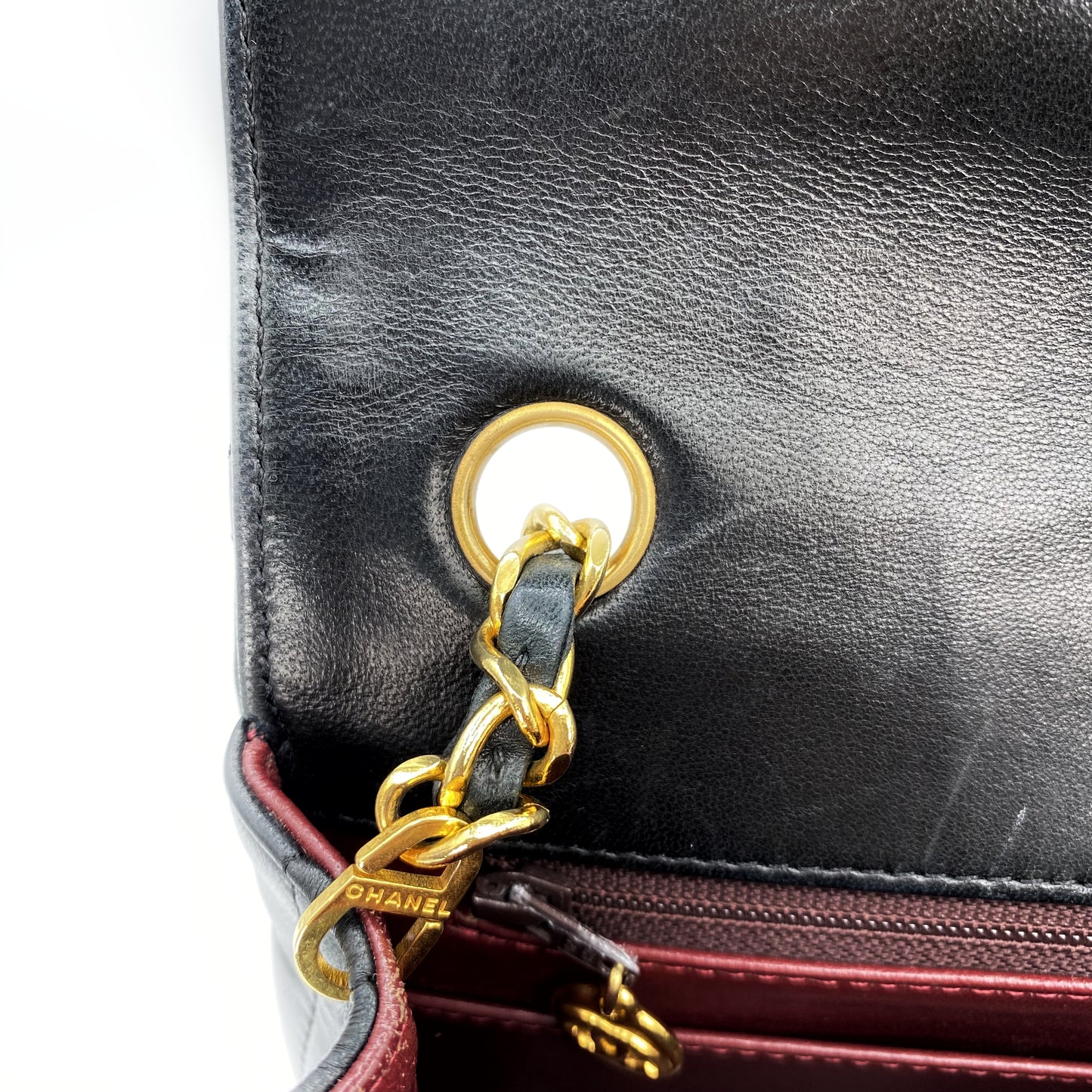 Julio, Vintage Authentic Chanel 1 series matelasse half moon chain black lambskin with seal and card
