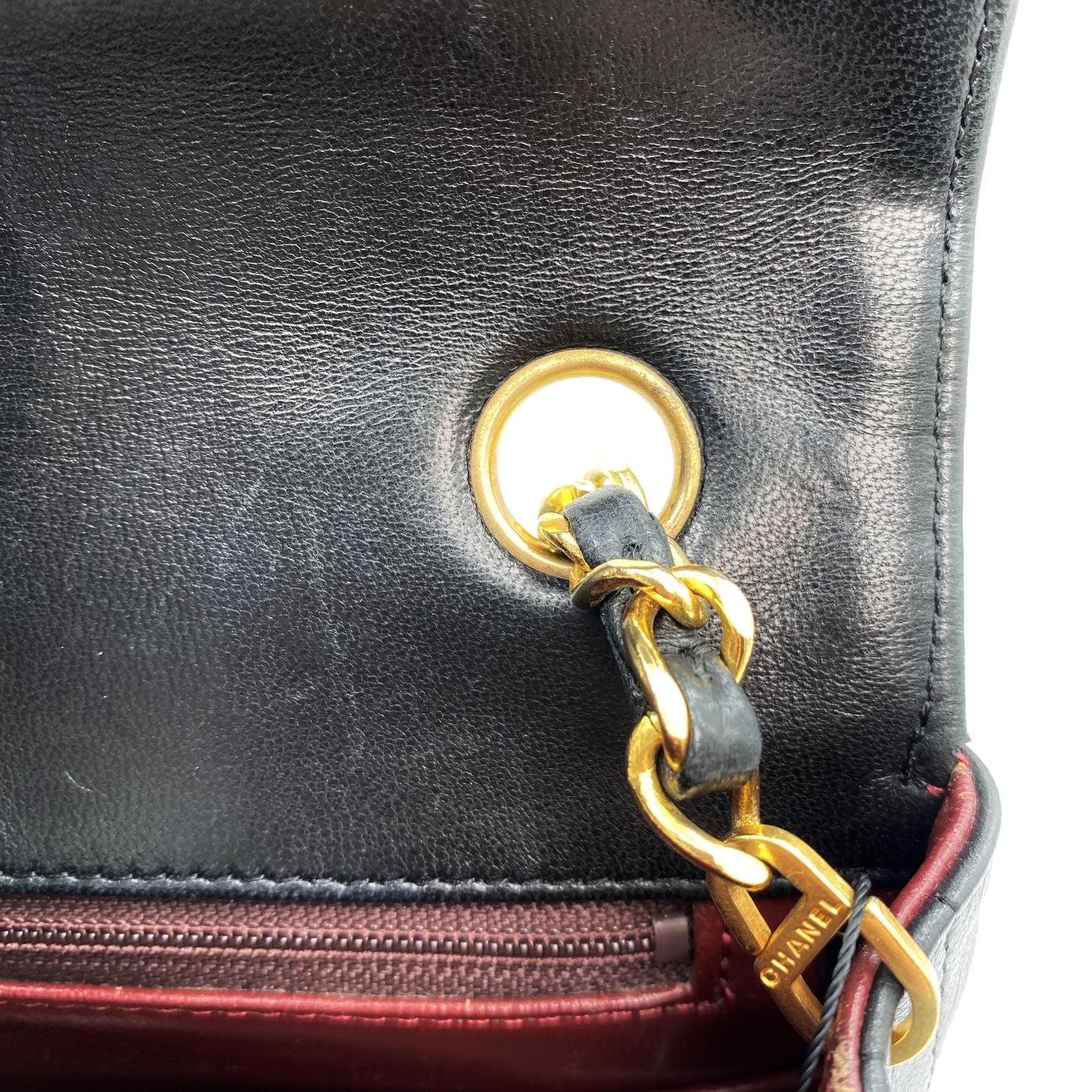 Julio, Vintage Authentic Chanel 1 series matelasse half moon chain black lambskin with seal and card