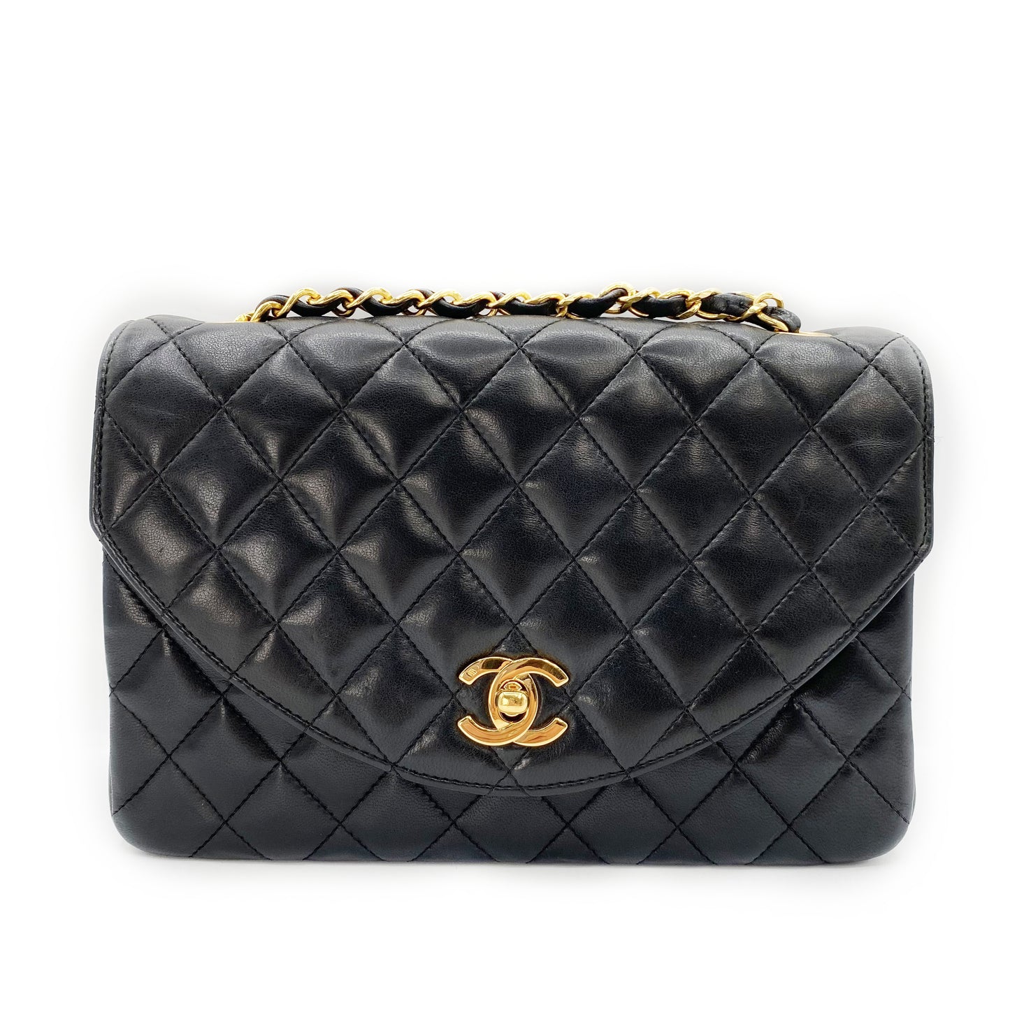 Julio, Vintage Authentic Chanel 1 series matelasse half moon chain black lambskin with seal and card