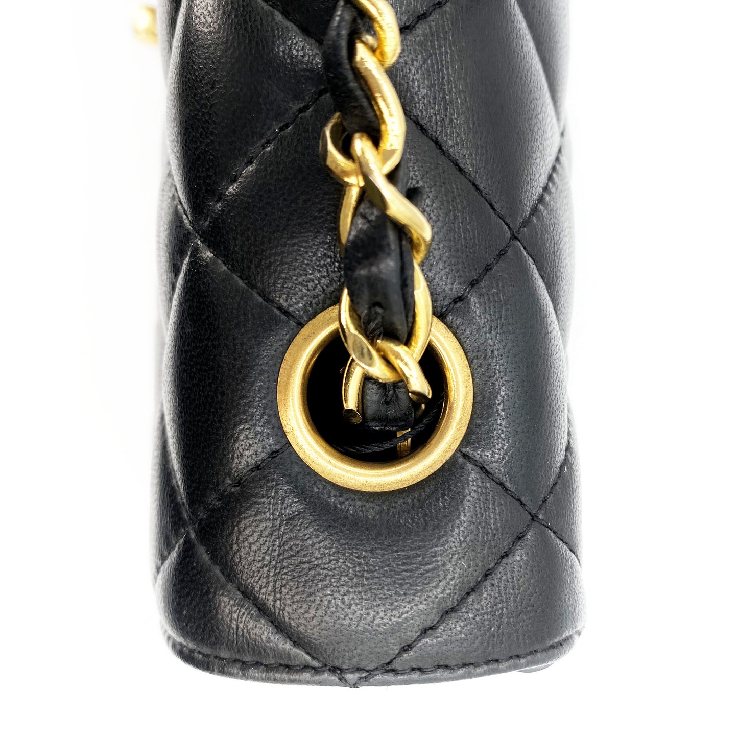 Julio, Vintage Authentic Chanel 1 series matelasse half moon chain black lambskin with seal and card