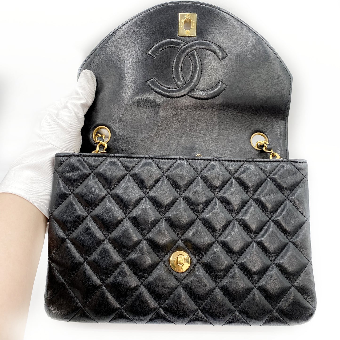 Julio, Vintage Authentic Chanel 1 series matelasse half moon chain black lambskin with seal and card