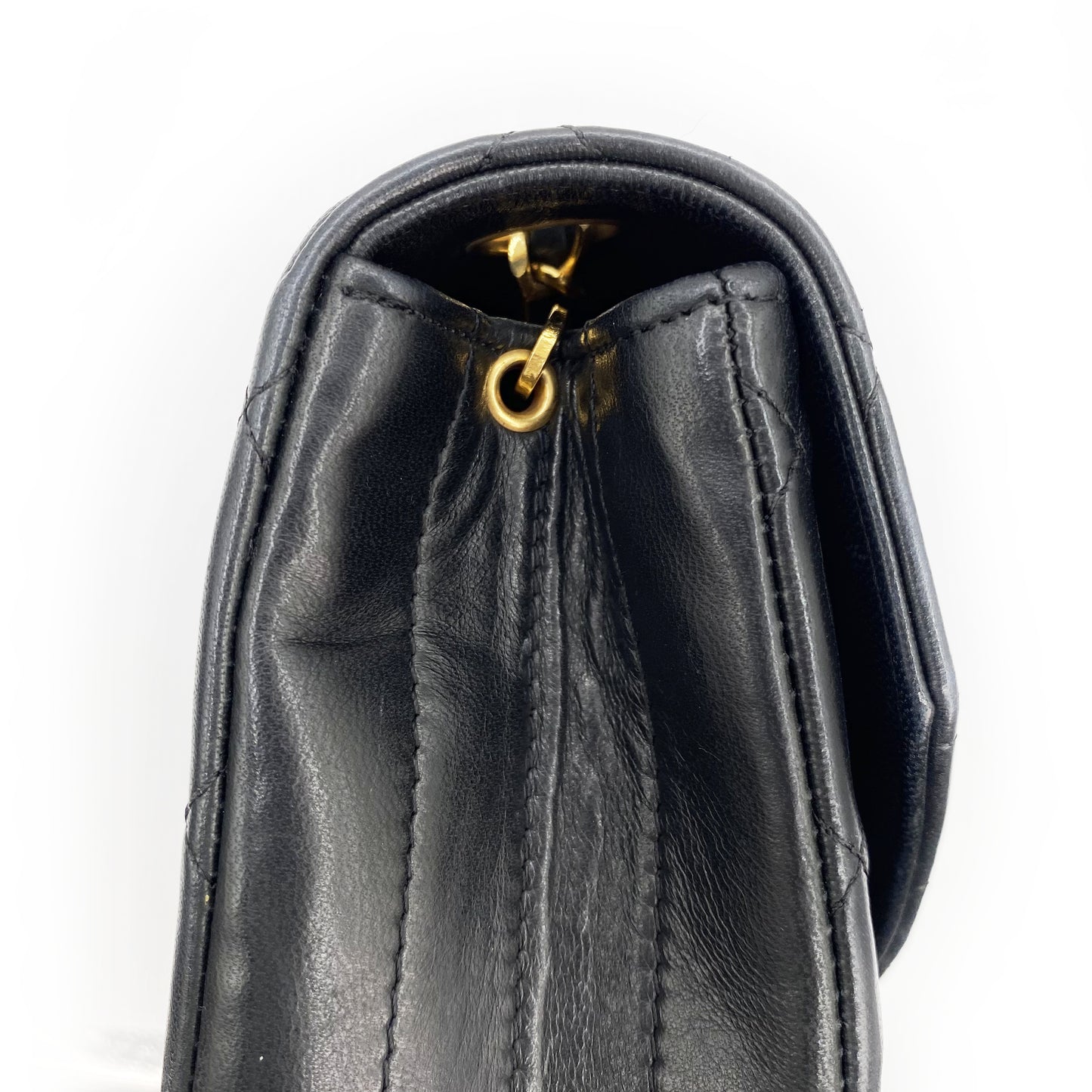 Julio, Vintage Authentic Chanel 1 series matelasse half moon chain black lambskin with seal and card