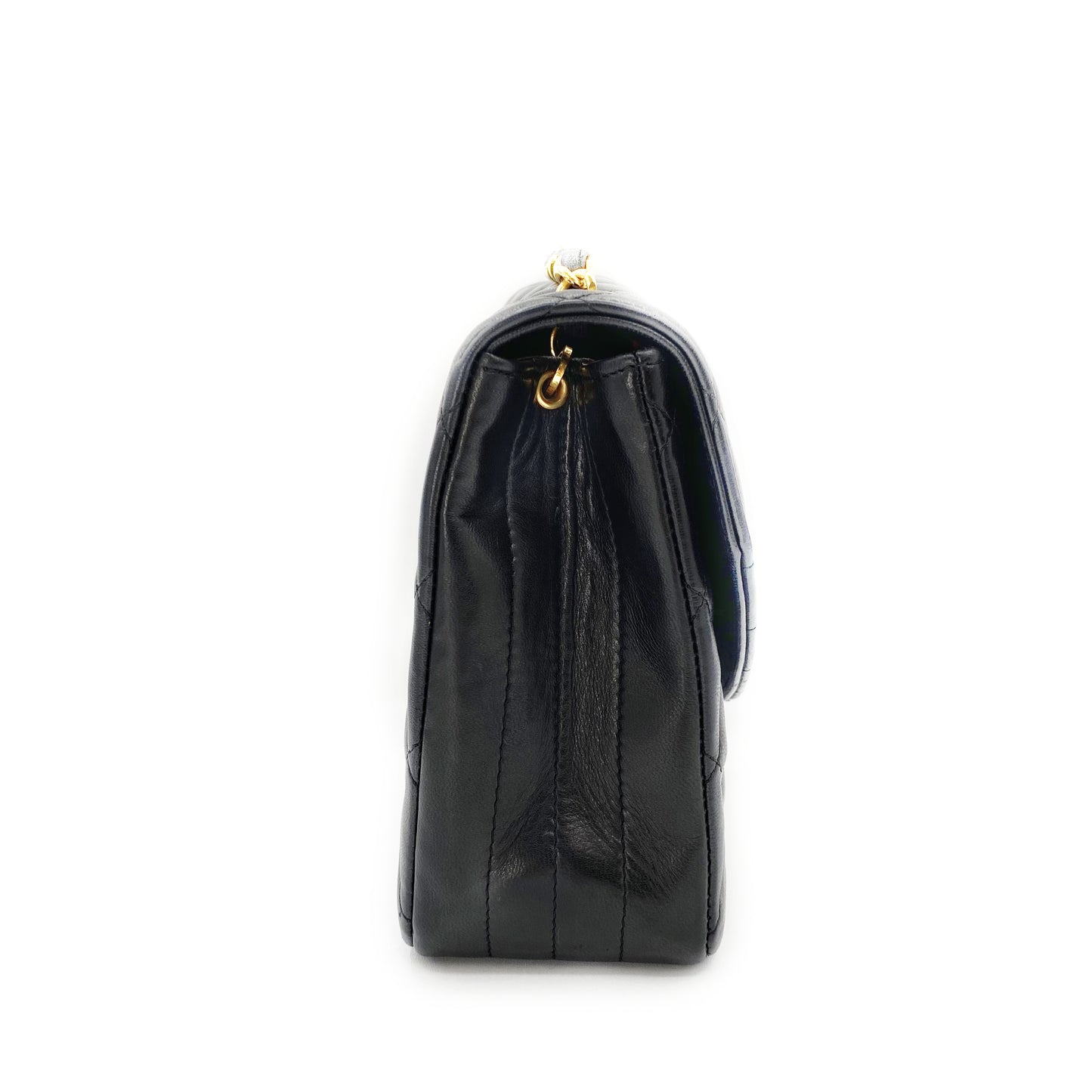 Julio, Vintage Authentic Chanel 1 series matelasse half moon chain black lambskin with seal and card