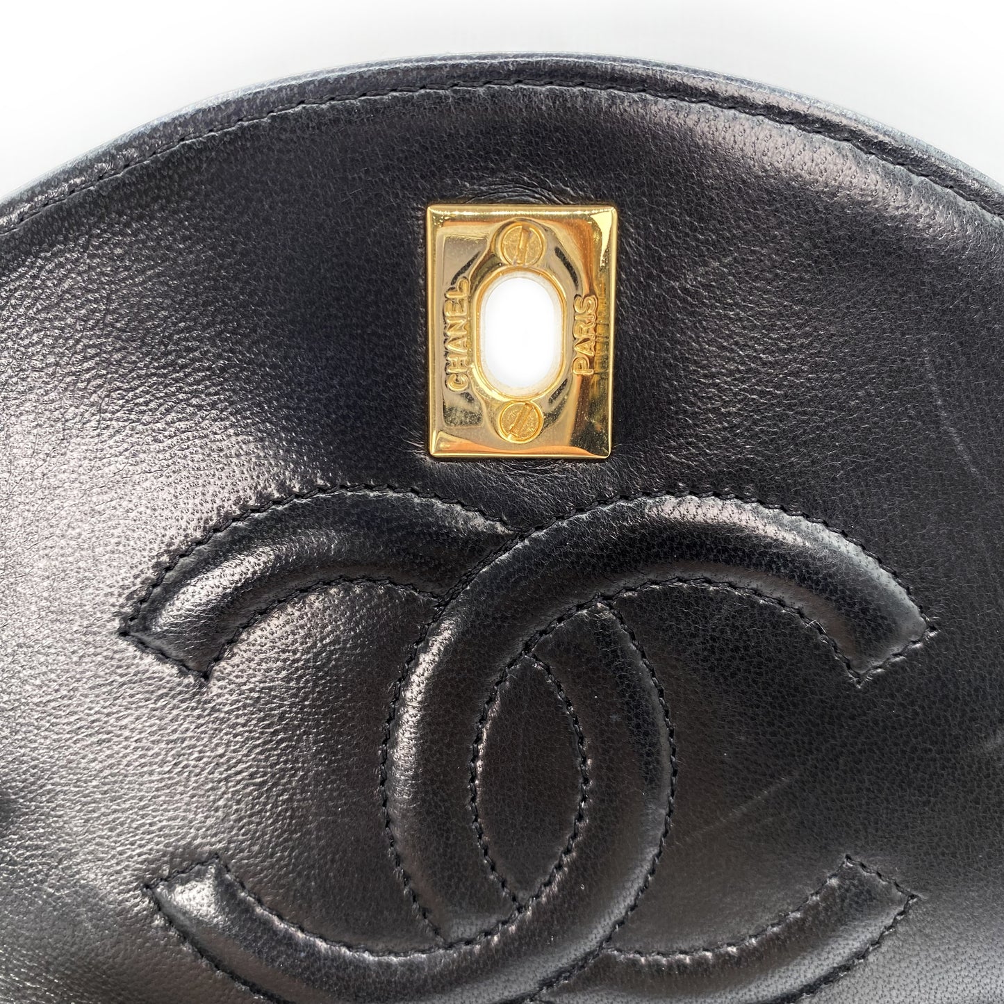 Julio, Vintage Authentic Chanel 1 series matelasse half moon chain black lambskin with seal and card