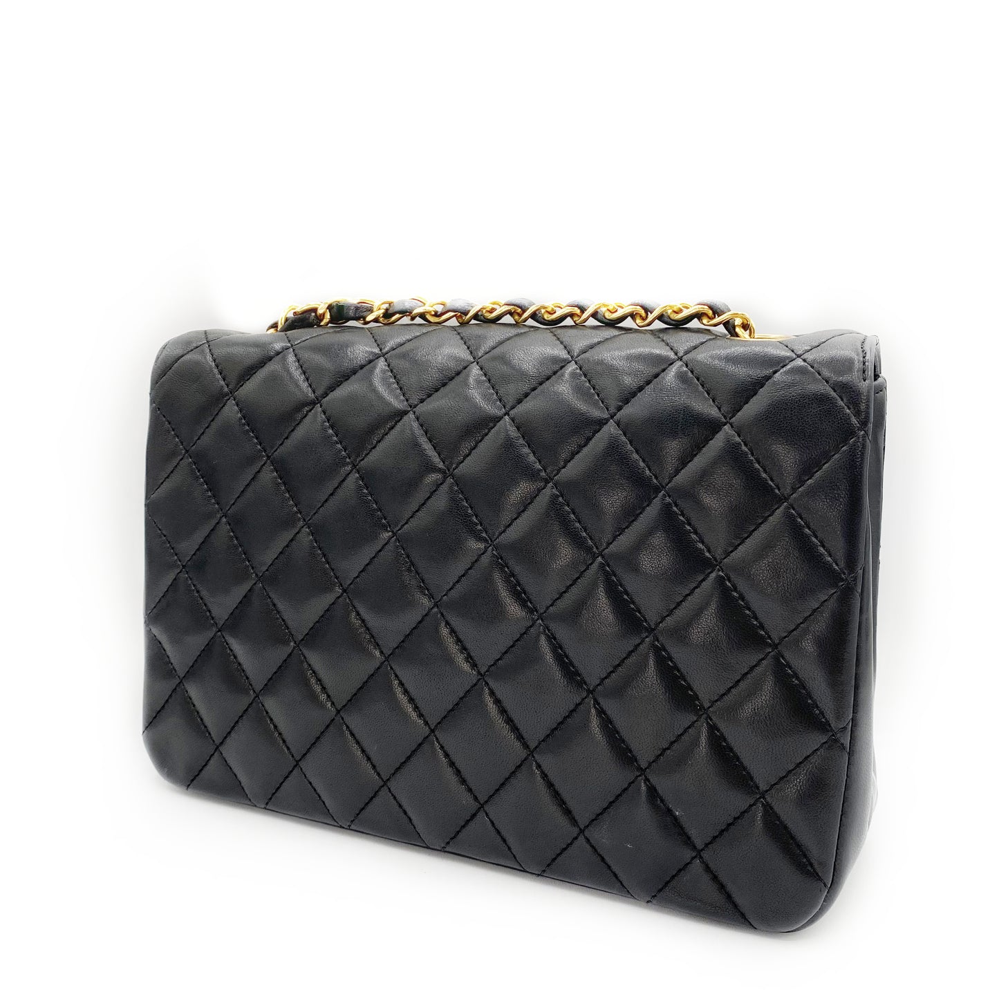 Julio, Vintage Authentic Chanel 1 series matelasse half moon chain black lambskin with seal and card