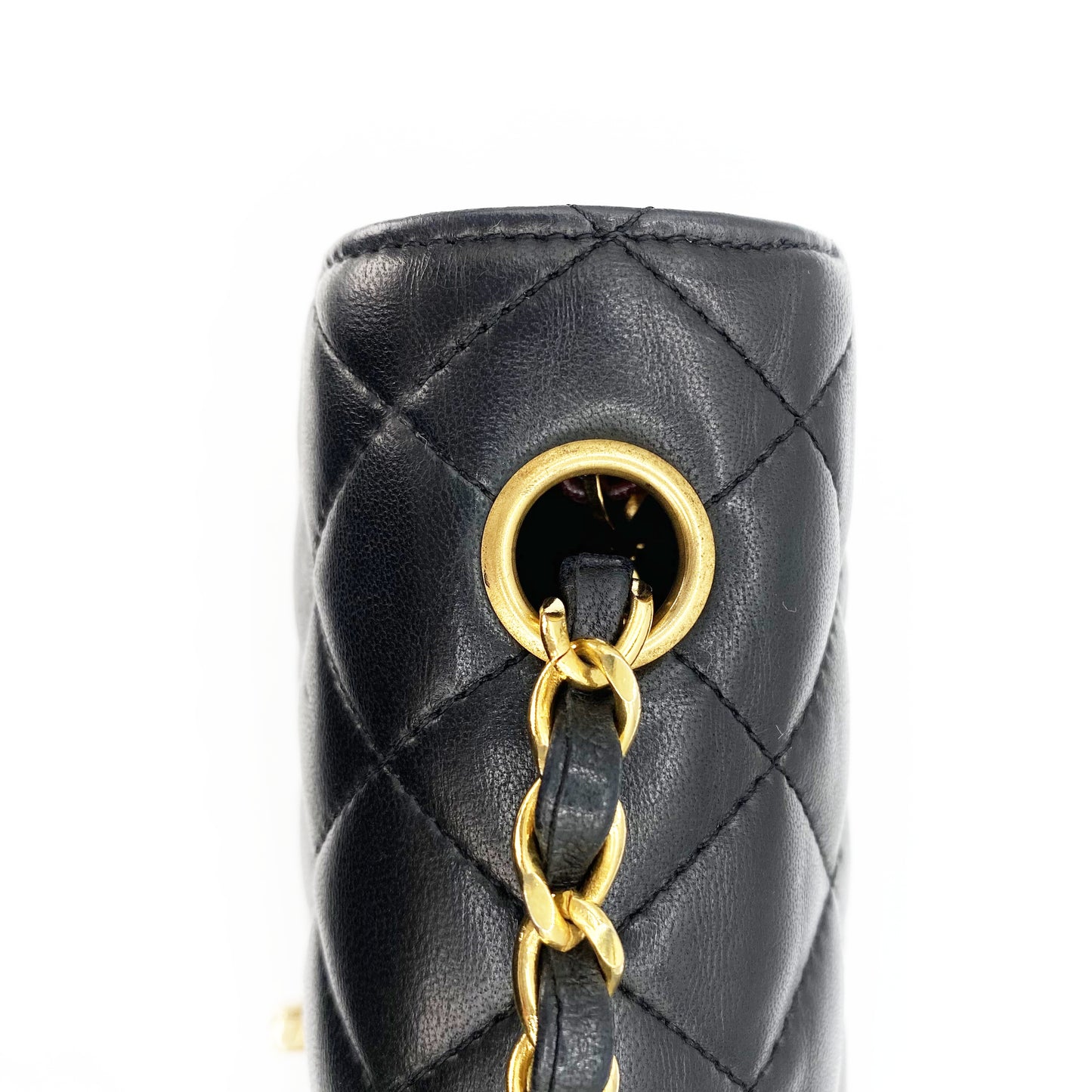 Julio, Vintage Authentic Chanel 1 series matelasse half moon chain black lambskin with seal and card