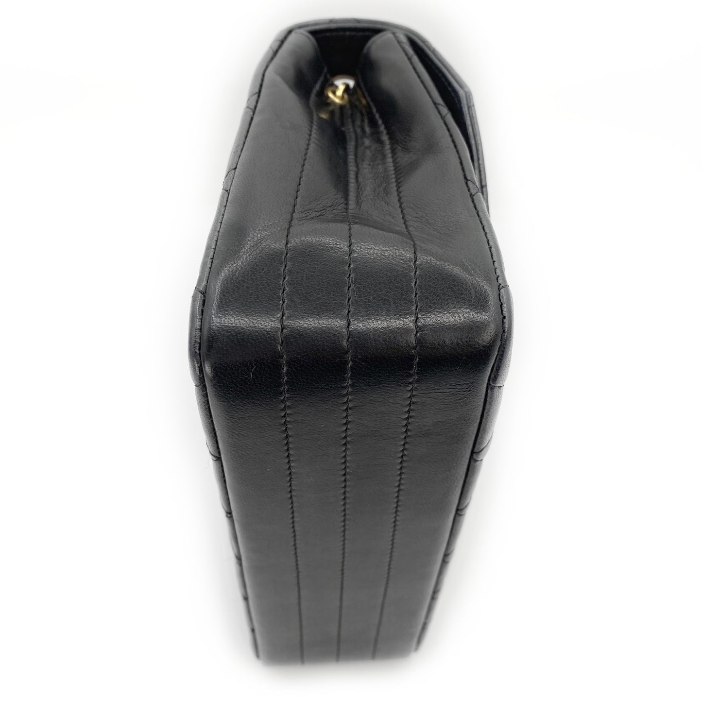 Julio, Vintage Authentic Chanel 1 series matelasse half moon chain black lambskin with seal and card
