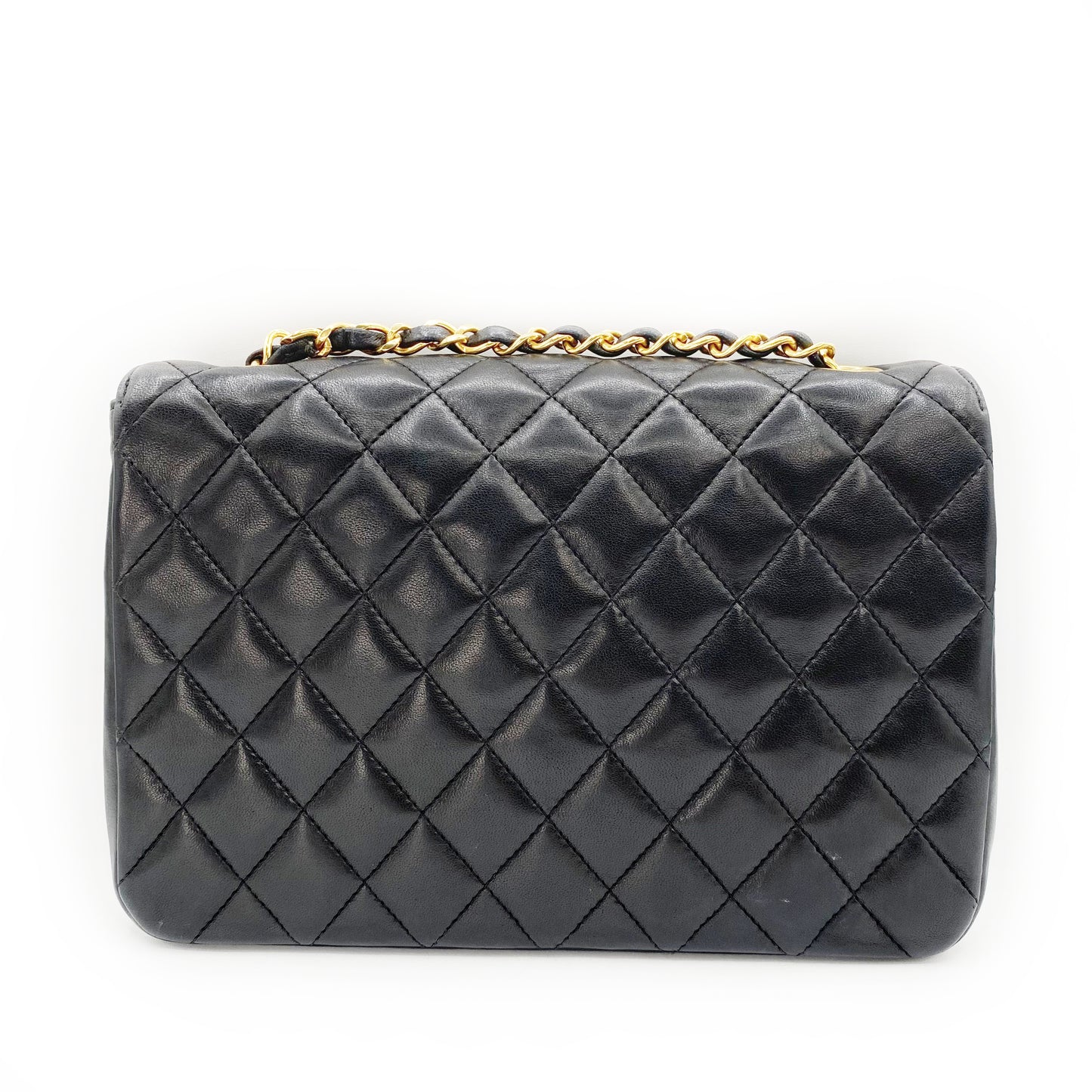 Julio, Vintage Authentic Chanel 1 series matelasse half moon chain black lambskin with seal and card