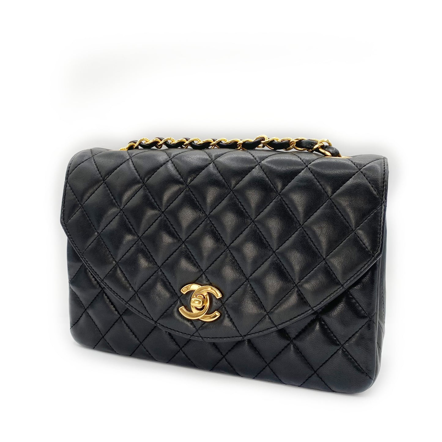 Julio, Vintage Authentic Chanel 1 series matelasse half moon chain black lambskin with seal and card