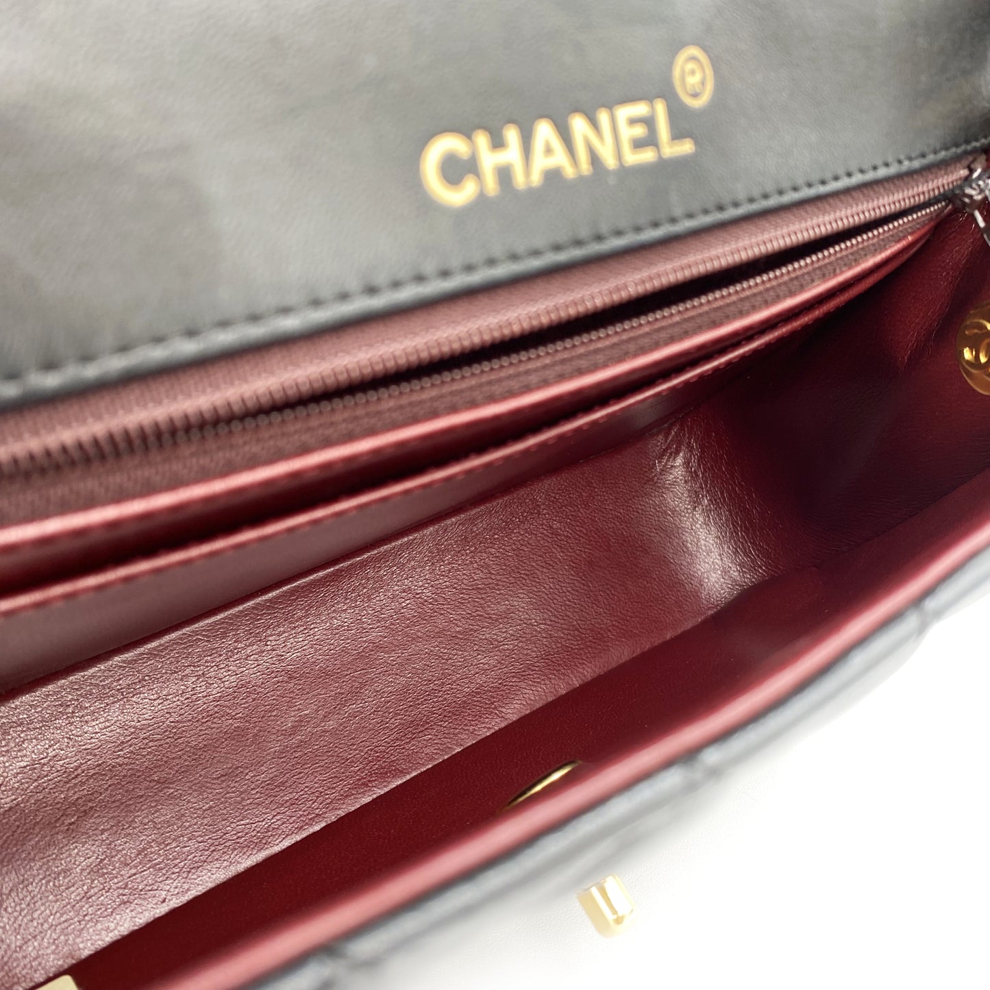 Julio, Vintage Authentic Chanel 1 series matelasse half moon chain black lambskin with seal and card