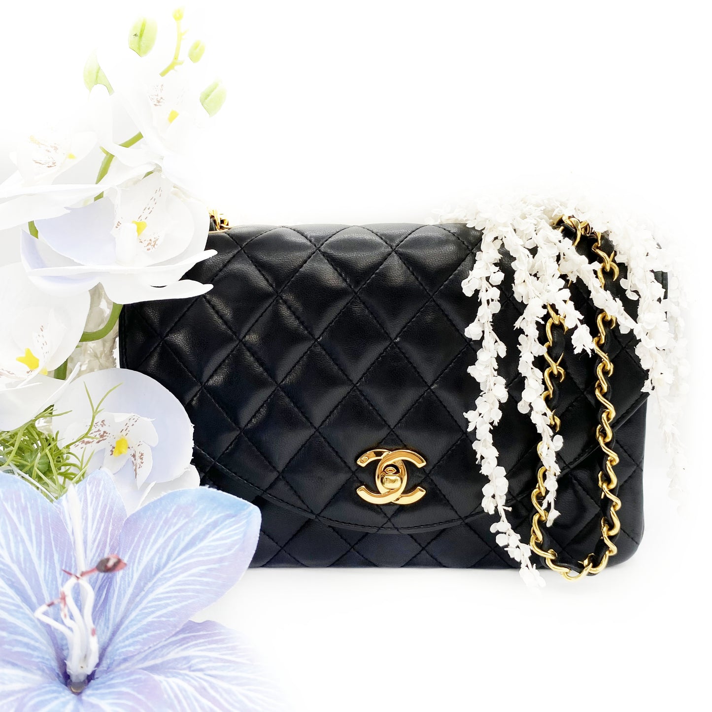 Julio, Vintage Authentic Chanel 1 series matelasse half moon chain black lambskin with seal and card