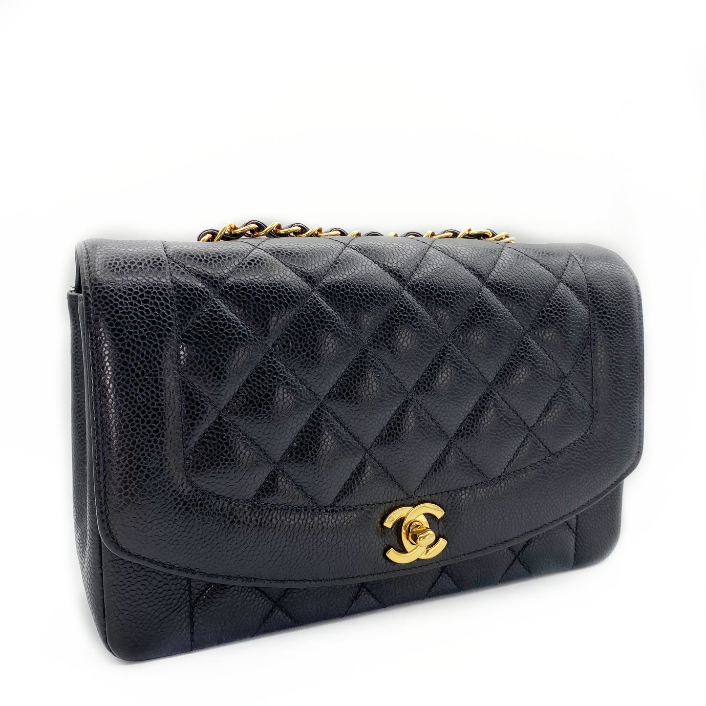 Solstice, Vintage Authentic Chanel 3 series medium black caviar diana with seal and card