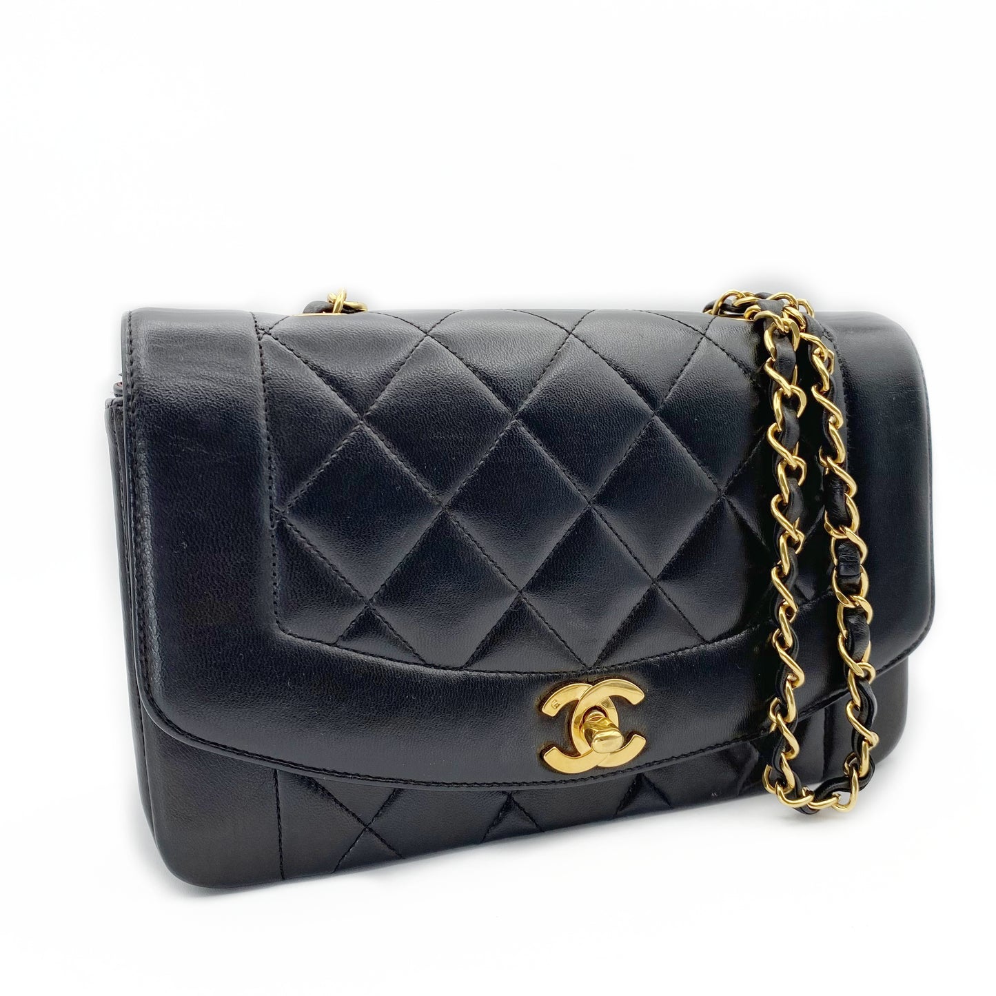 Theodoro, Vintage Authentic Chanel 2 series small black lambskin diana with seal and card