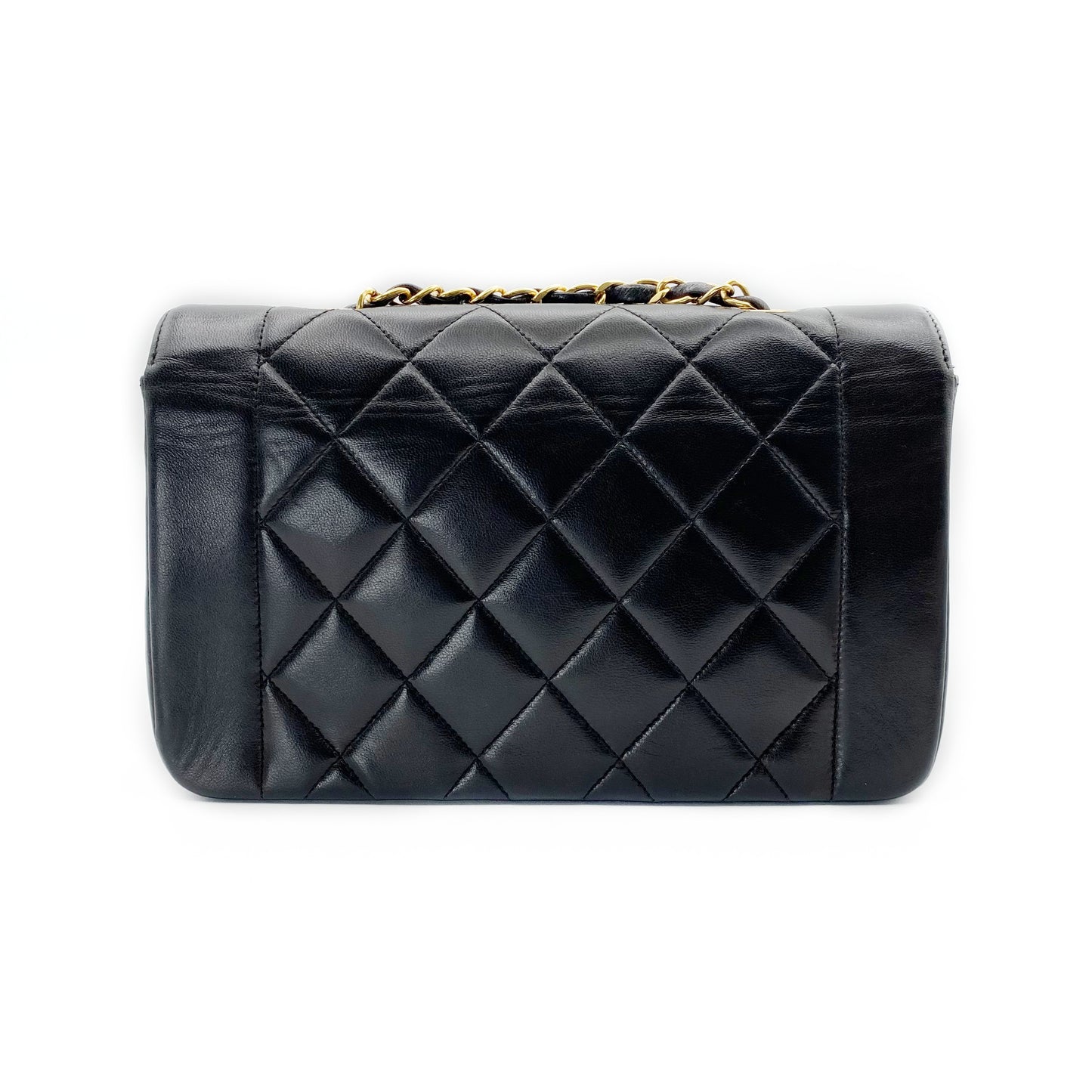 Theodoro, Vintage Authentic Chanel 2 series small black lambskin diana with seal and card