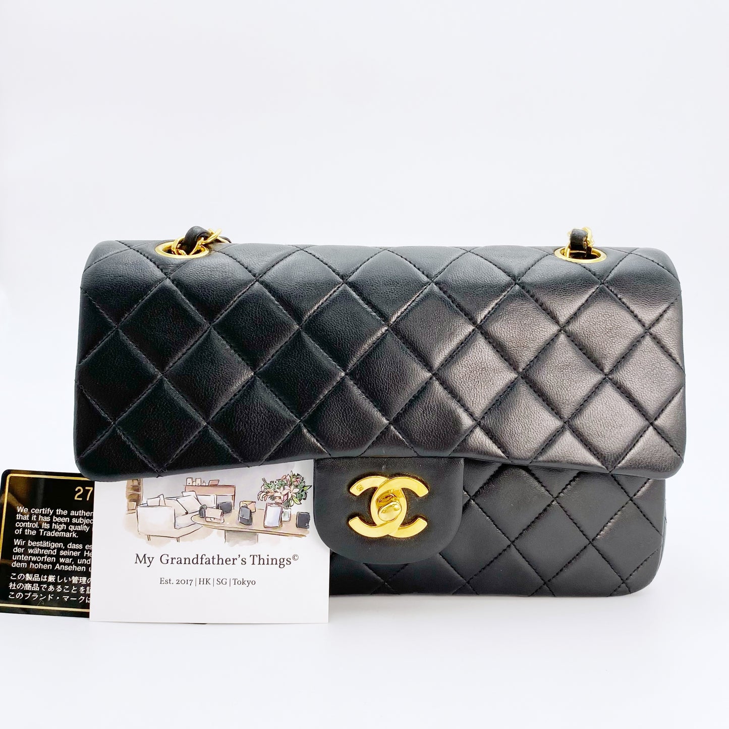 Pharsa, Vintage Authentic Chanel 2 series small classic flap black lambskin with seal and card