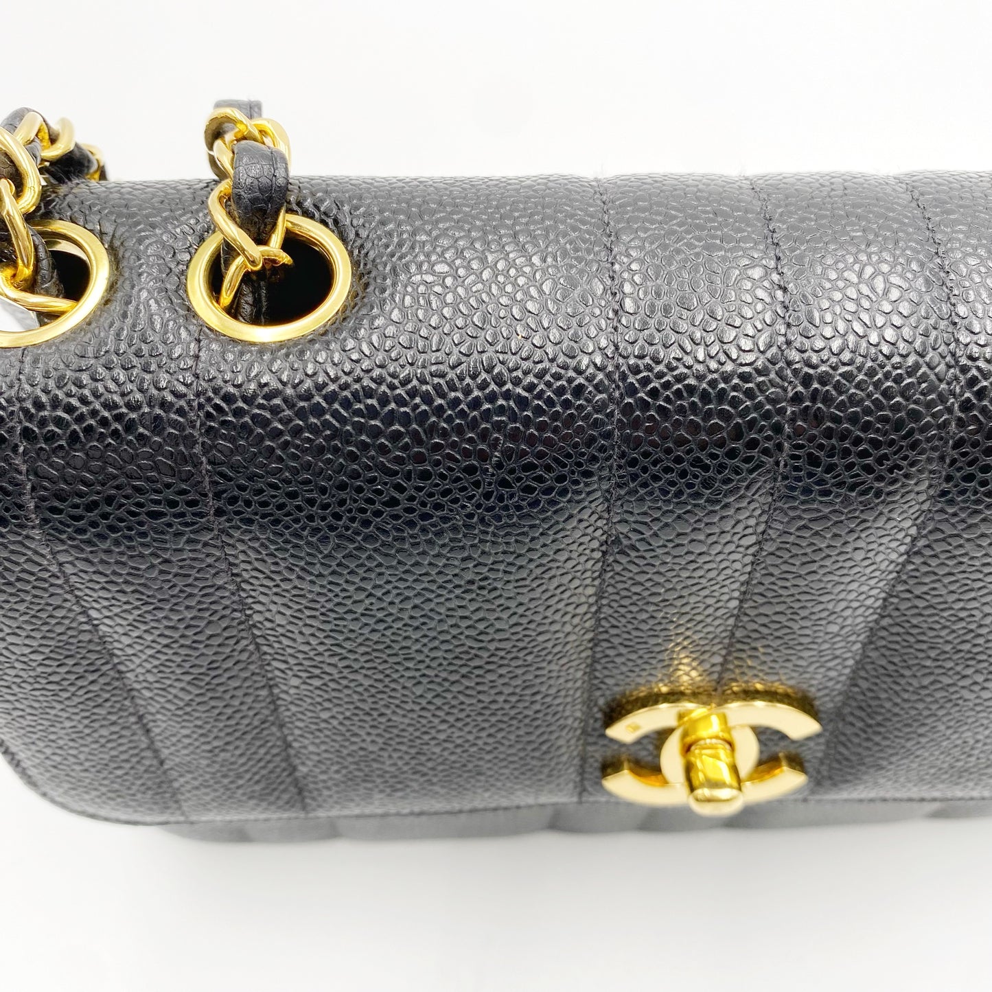 Jolly, Vintage Authentic Chanel 3 series mademoiselle chain black caviar with seal and card