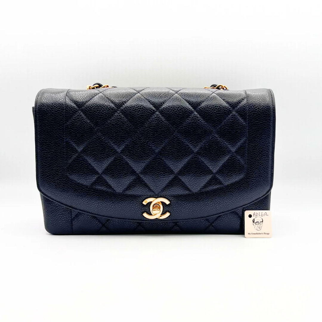 Adler, Vintage Authentic Chanel 3 series medium black caviar diana with seal
