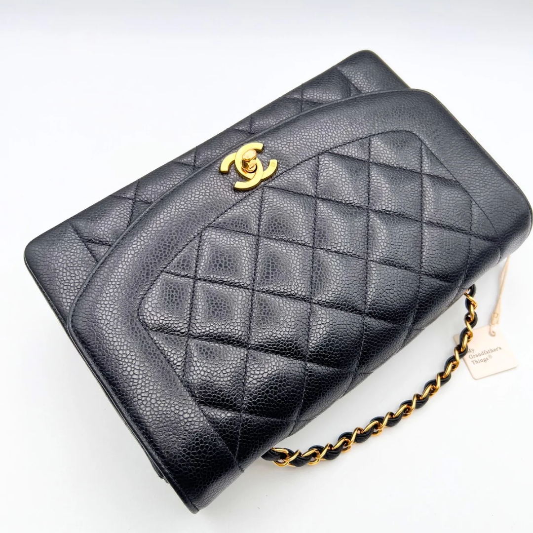 Adler, Vintage Authentic Chanel 3 series medium black caviar diana with seal