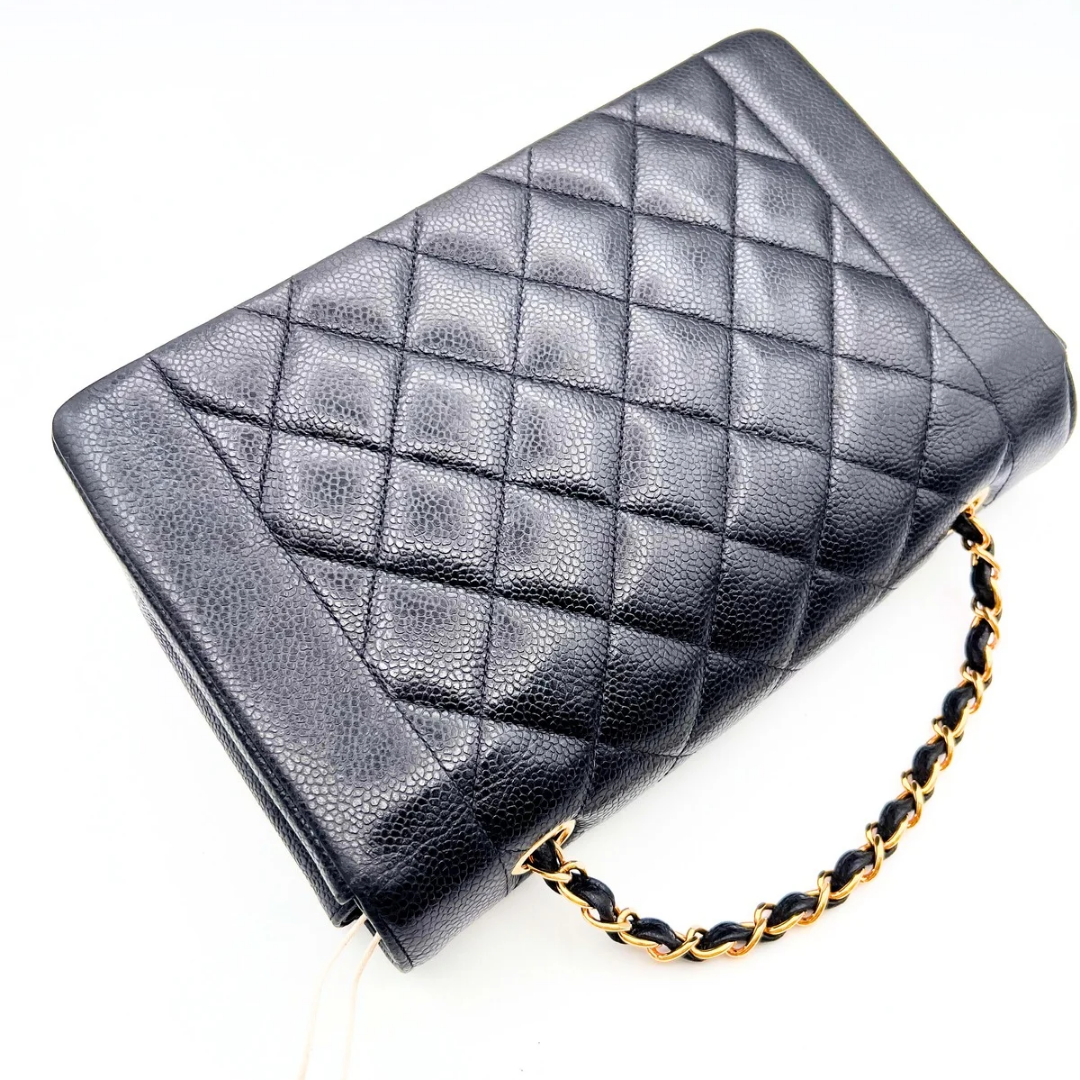 Adler, Vintage Authentic Chanel 3 series medium black caviar diana with seal