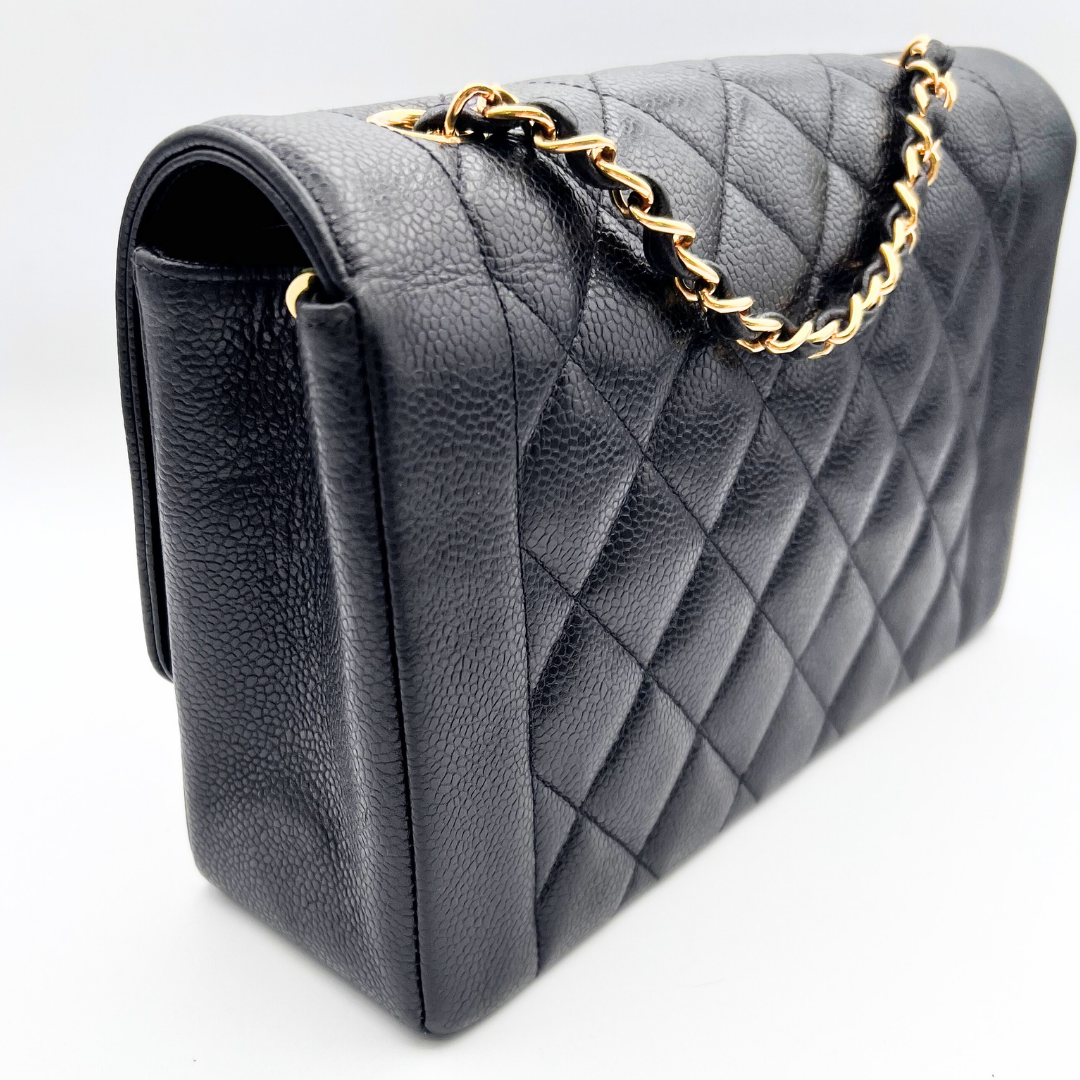 Adler, Vintage Authentic Chanel 3 series medium black caviar diana with seal