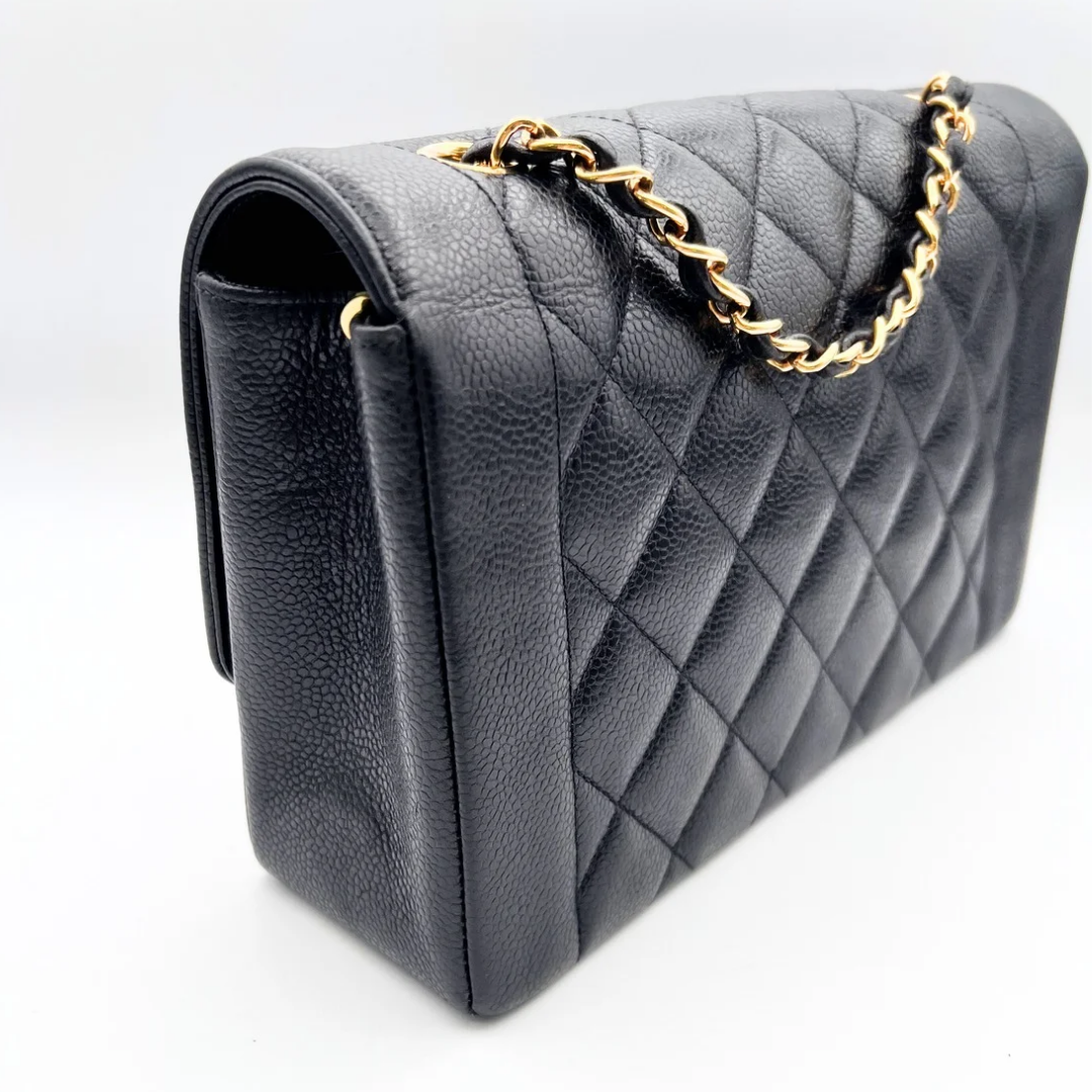 Adler, Vintage Authentic Chanel 3 series medium black caviar diana with seal