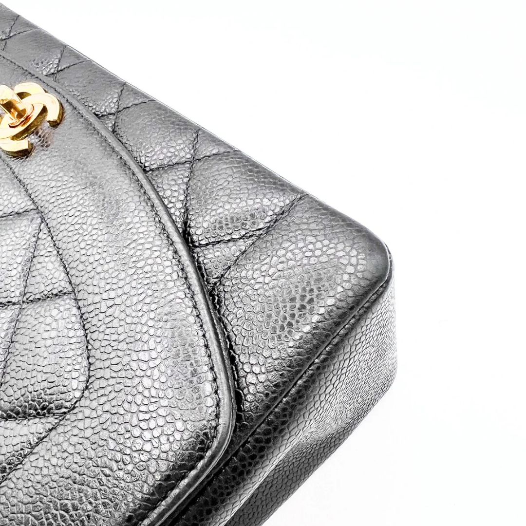 Adler, Vintage Authentic Chanel 3 series medium black caviar diana with seal