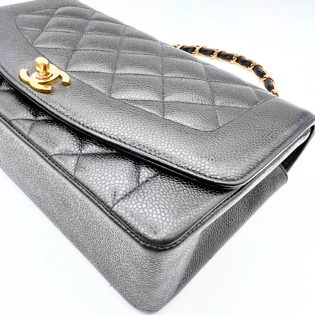 Adler, Vintage Authentic Chanel 3 series medium black caviar diana with seal