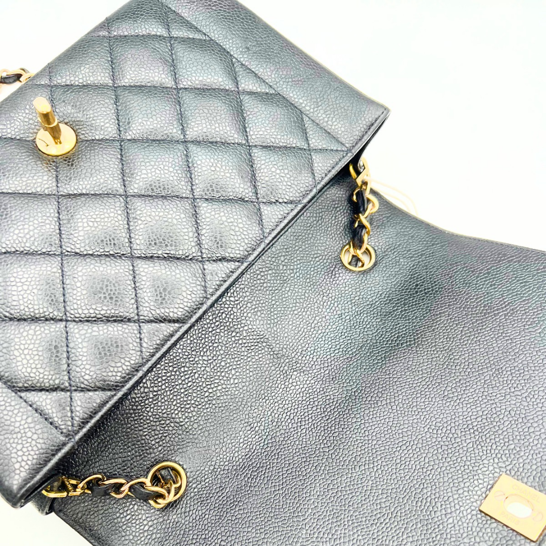 Adler, Vintage Authentic Chanel 3 series medium black caviar diana with seal