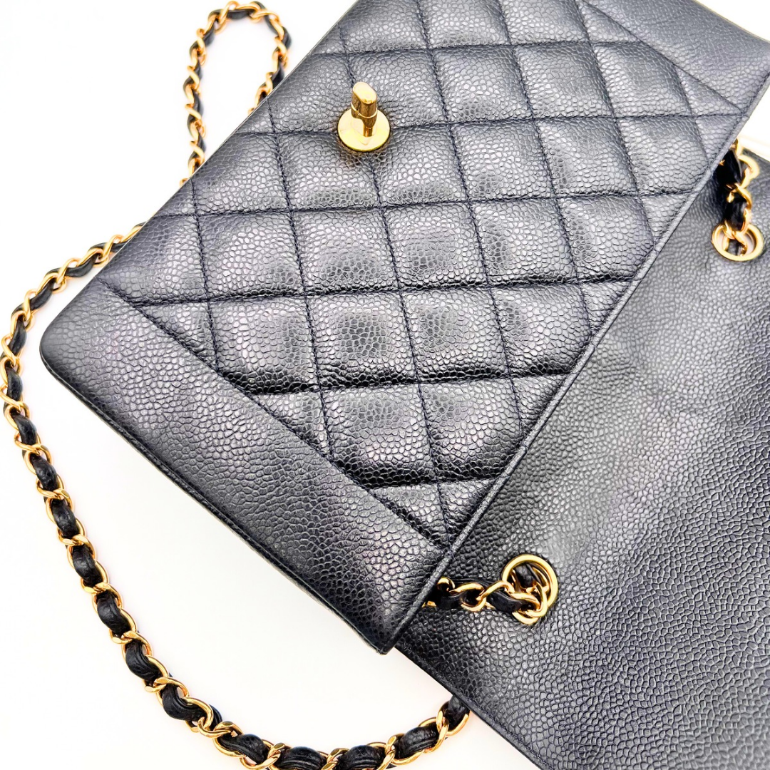 Adler, Vintage Authentic Chanel 3 series medium black caviar diana with seal