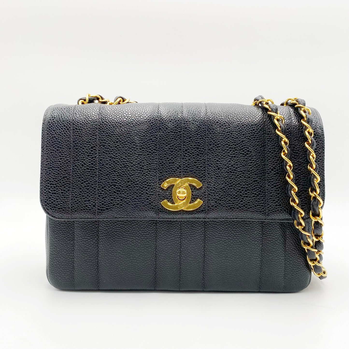 Jolly, Vintage Authentic Chanel 3 series mademoiselle chain black caviar with seal and card
