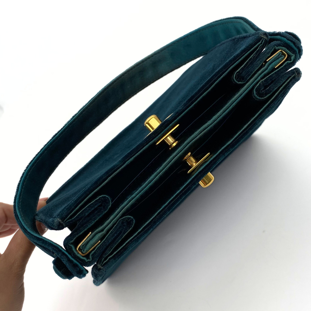 Taiki, 5 Series Turn Lock Green Velvet Top Handle Bucket Bag with seal and card