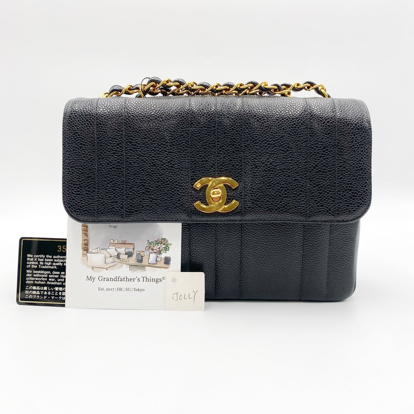Jolly, Vintage Authentic Chanel 3 series mademoiselle chain black caviar with seal and card