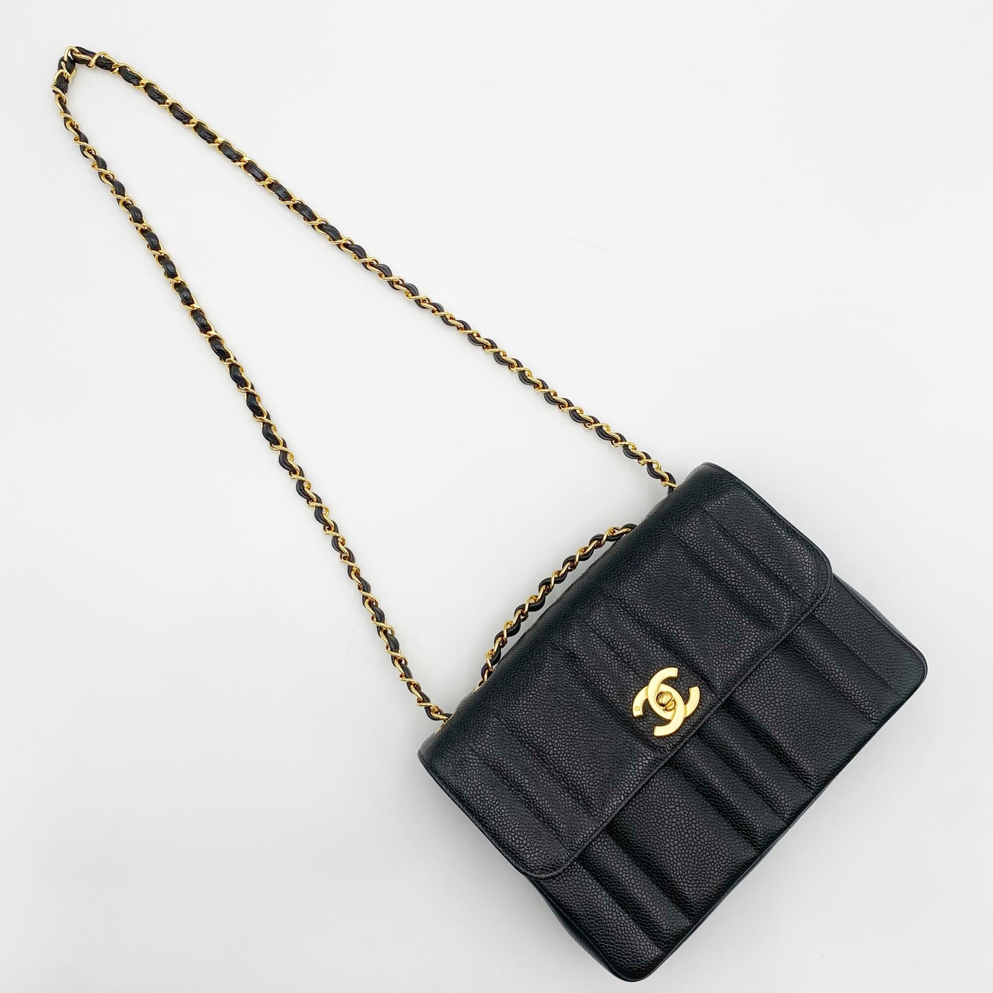 Jolly, Vintage Authentic Chanel 3 series mademoiselle chain black caviar with seal and card