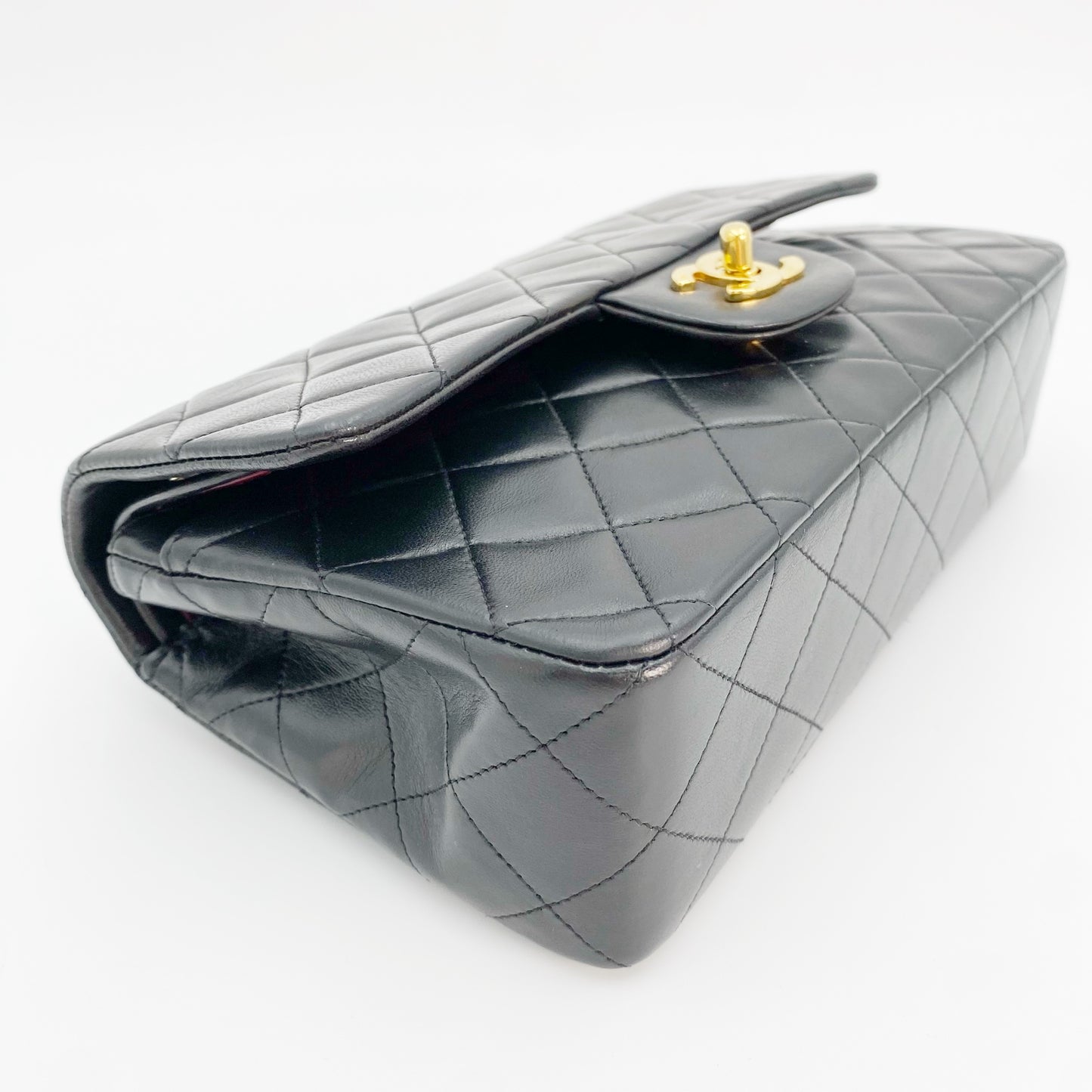 Pharsa, Vintage Authentic Chanel 2 series small classic flap black lambskin with seal and card