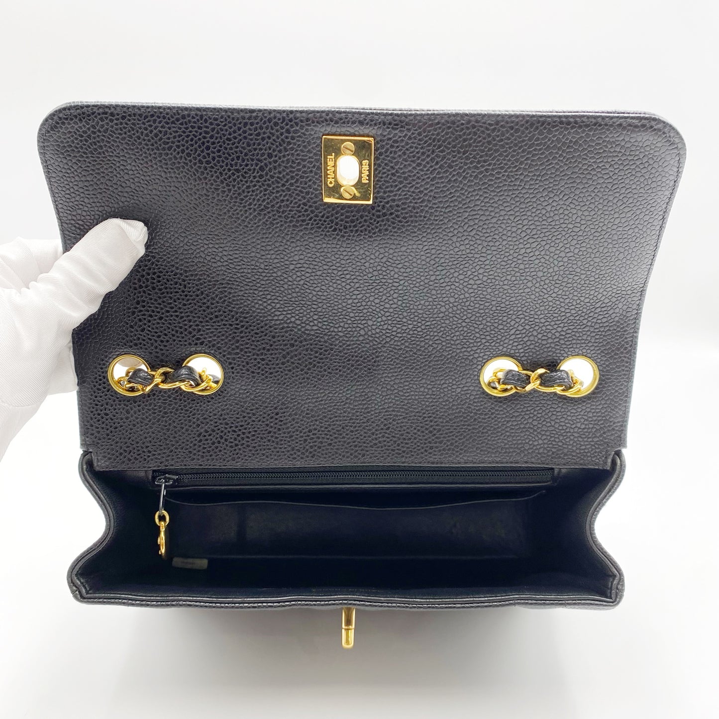 Jolly, Vintage Authentic Chanel 3 series mademoiselle chain black caviar with seal and card