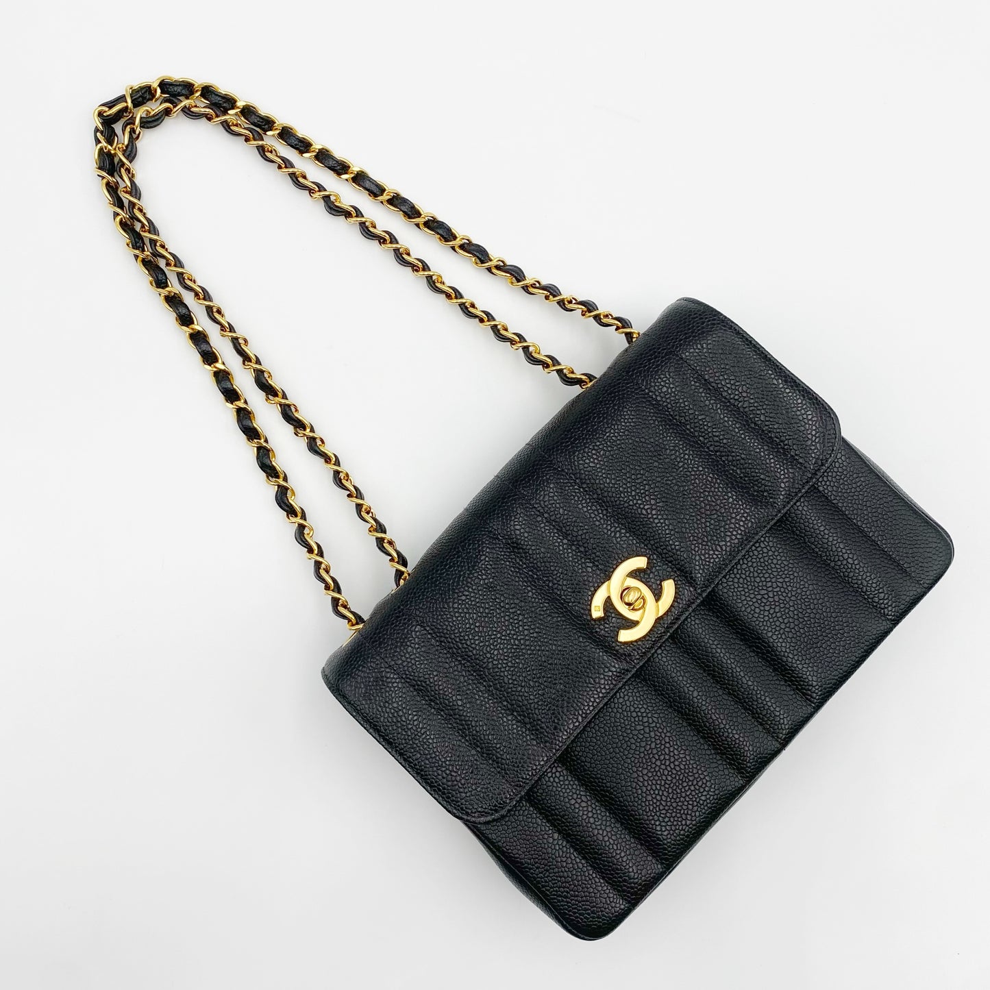 Jolly, Vintage Authentic Chanel 3 series mademoiselle chain black caviar with seal and card