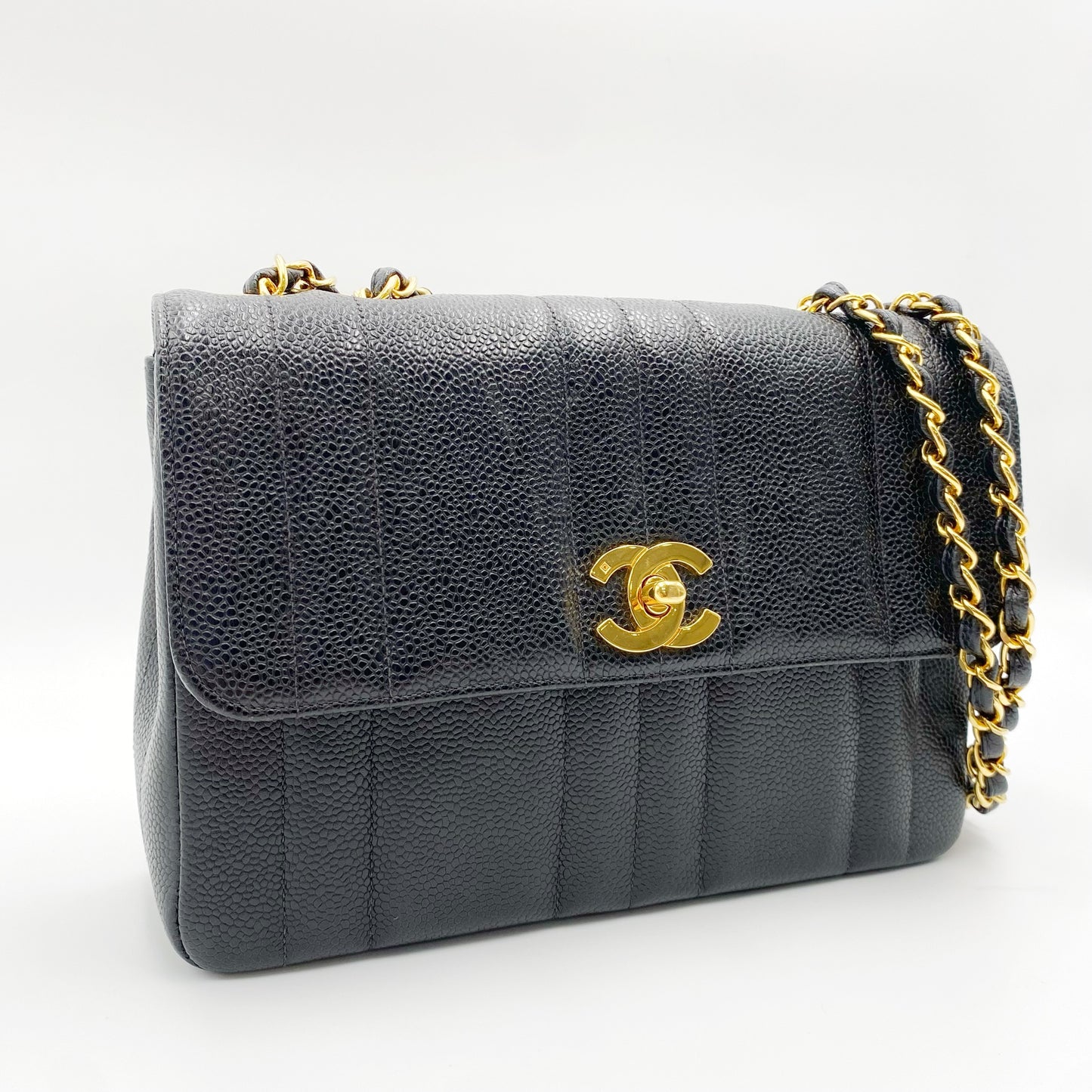 Jolly, Vintage Authentic Chanel 3 series mademoiselle chain black caviar with seal and card