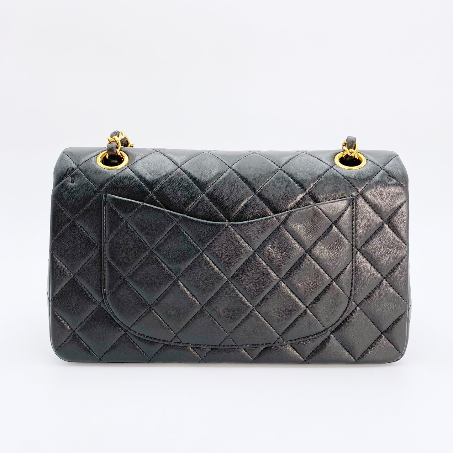 Pharsa, Vintage Authentic Chanel 2 series small classic flap black lambskin with seal and card