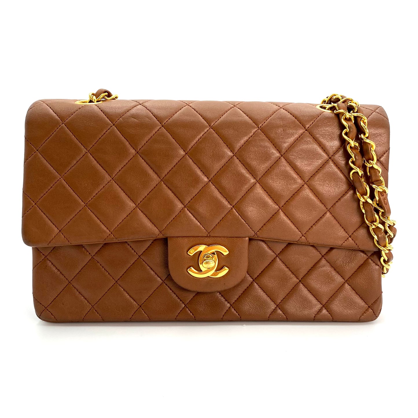 Sofia, Vintage Authentic Chanel 1 series medium classic flap brown lambskin with seal and card