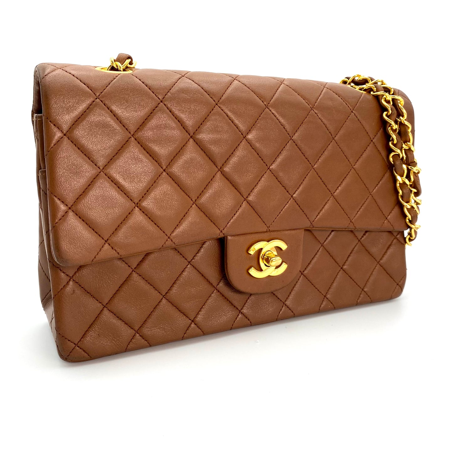 Sofia, Vintage Authentic Chanel 1 series medium classic flap brown lambskin with seal and card