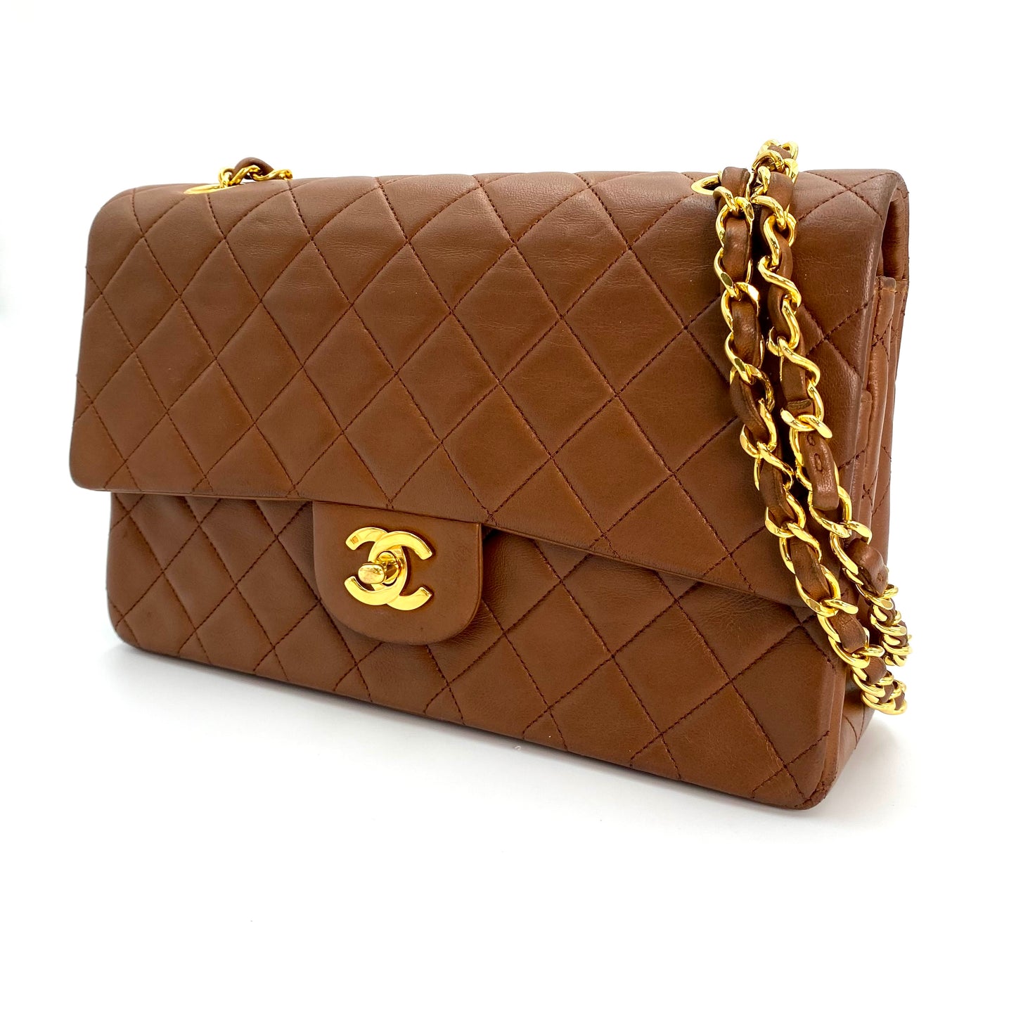 Sofia, Vintage Authentic Chanel 1 series medium classic flap brown lambskin with seal and card
