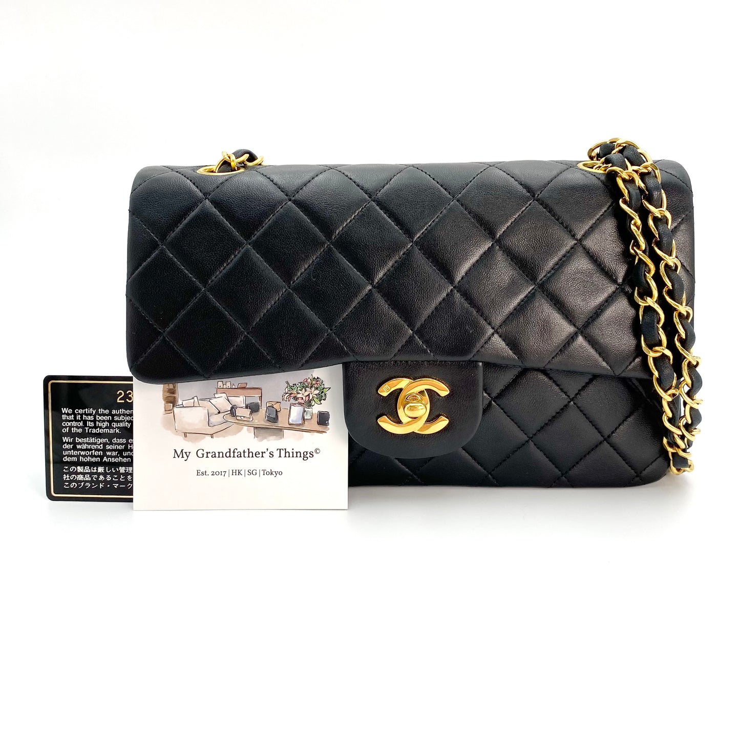 Shawn, Vintage Authentic Chanel 2 series small black classic flap with seal and card